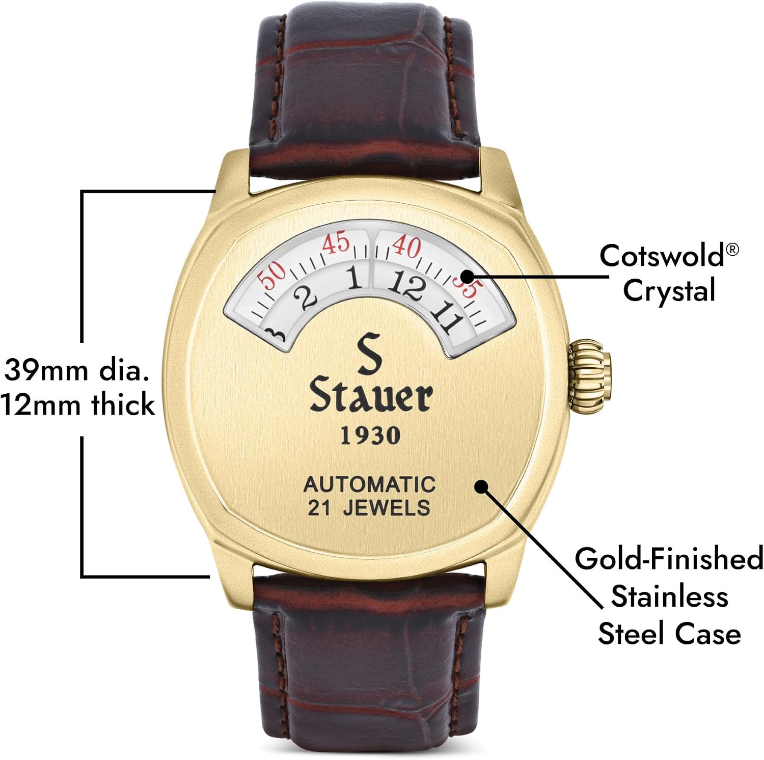 Stauer 1930 Dashtronic Watch Cotswold Genuine Men's Automatic Watch with Leather Band and Stainless Steel Case 21-Jewel Movement and 3-ATM Water Resistant