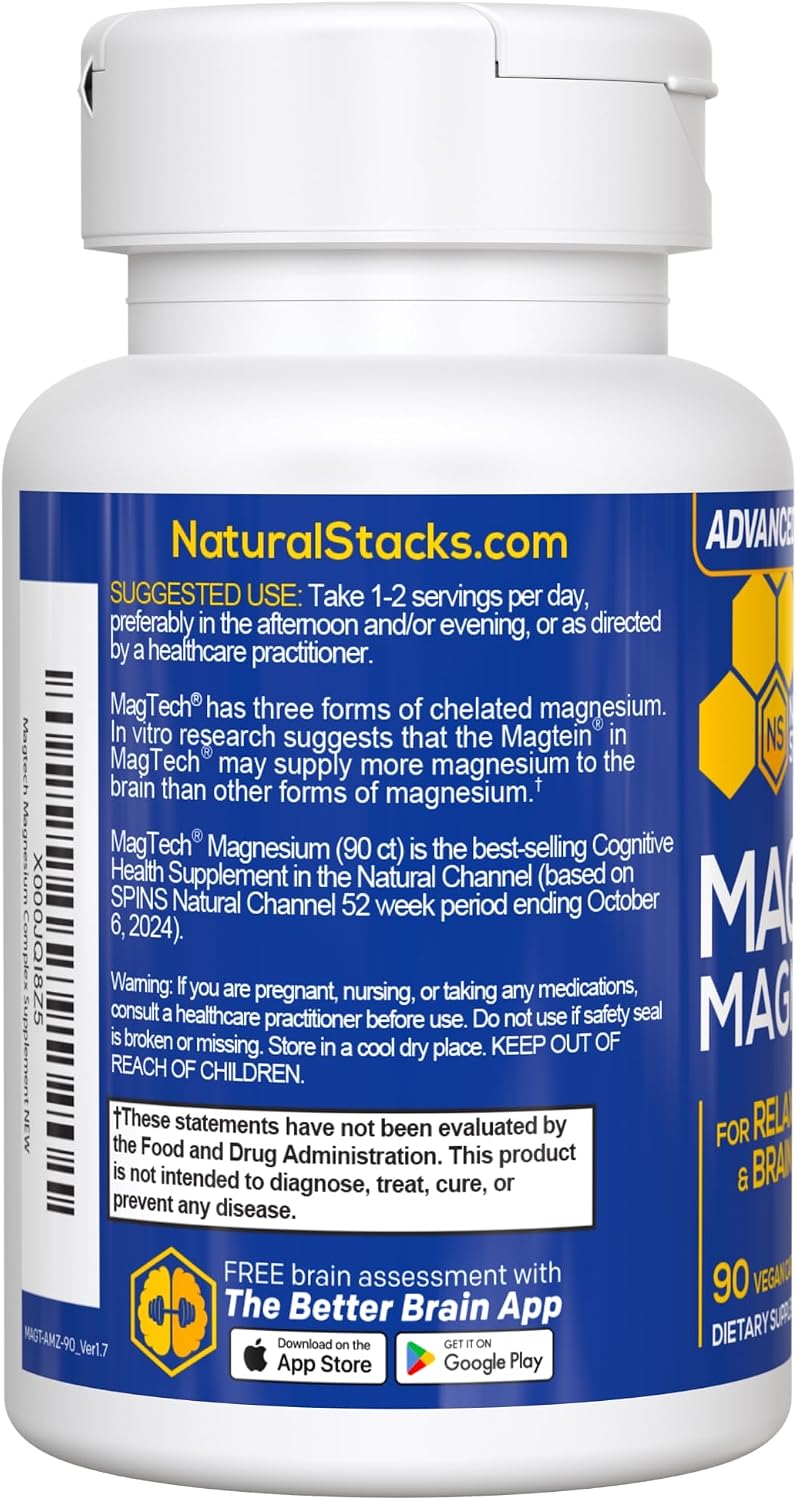 MagTech Magnesium Complex Glycinate, L-Threonate and Taurate, 90 Capsules | Advanced 3 in 1 200mg Chelated Triple Blend w/ Magtein - Supports Relaxation & Brain Health for Women & Men - Natural Stacks
