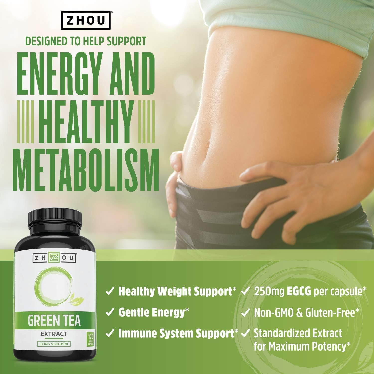 Zhou Nutrition Green Tea Extract Supplement - 120 Vegan Friendly Capsules | Green Tea & ECGC for Women & Men, Clean Caffeine Energy