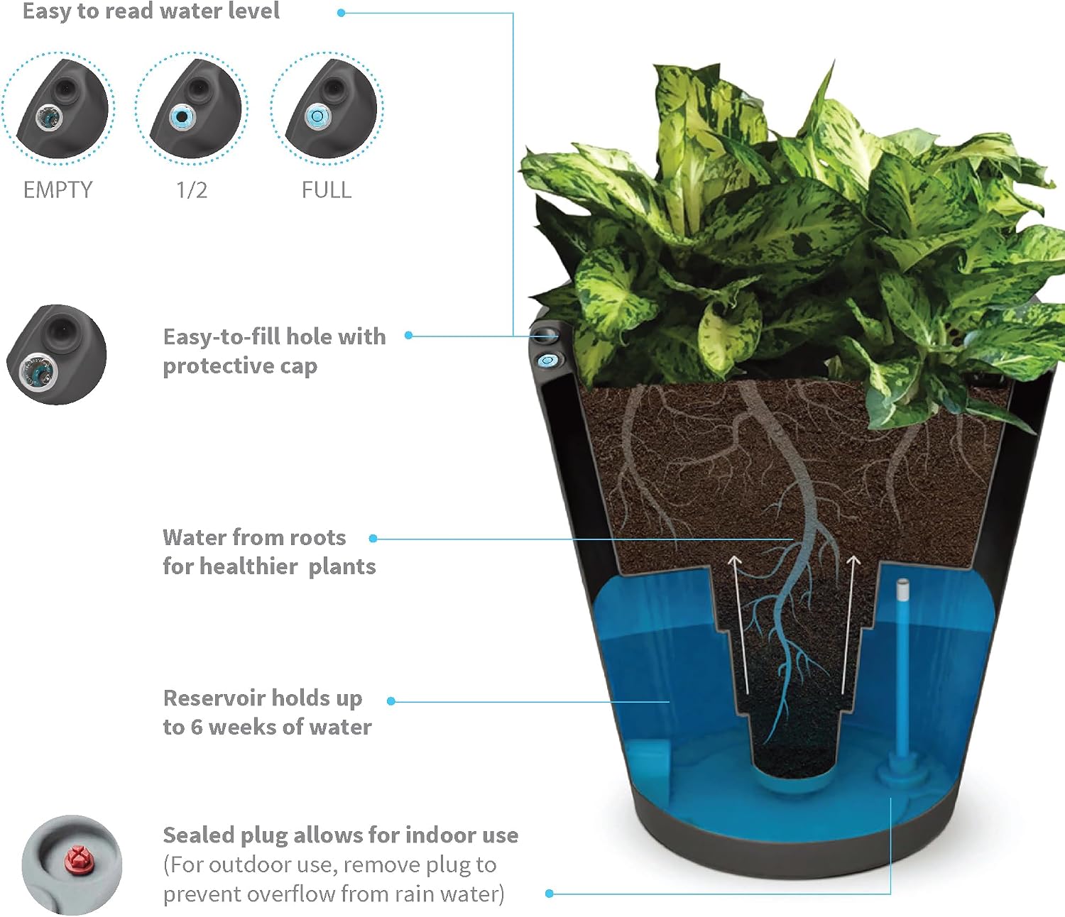 Crescent Garden Dot TruDrop Indoor/Outdoor Planter, Self-Watering Plant Pot, 20 Inches, (Mocha)