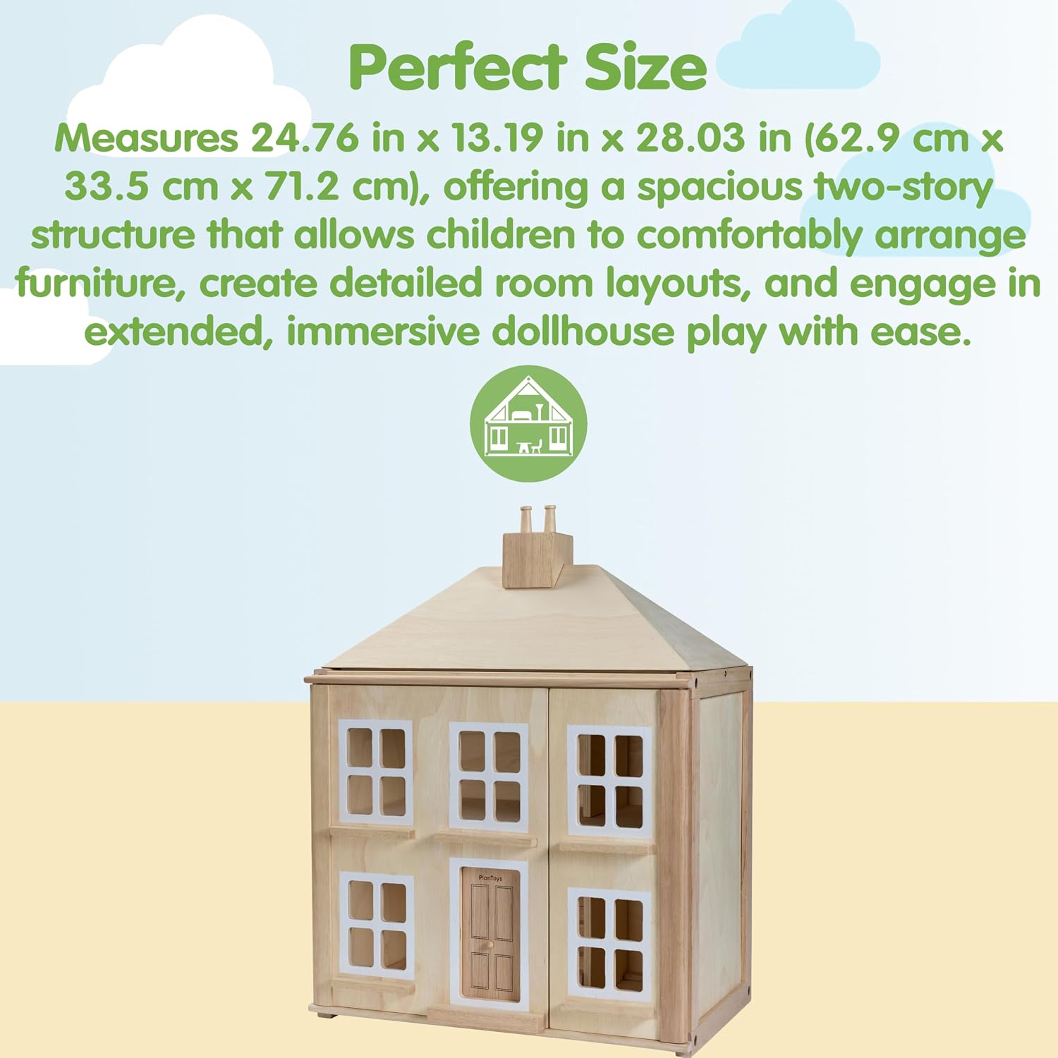 PlanToys® Green Wooden Dollhouse with Solar Panel, Wind Turbine & Furniture | recycling system, eco-friendly doll house, sustainable pretend play, kids, girls, environmental learning gift for boys