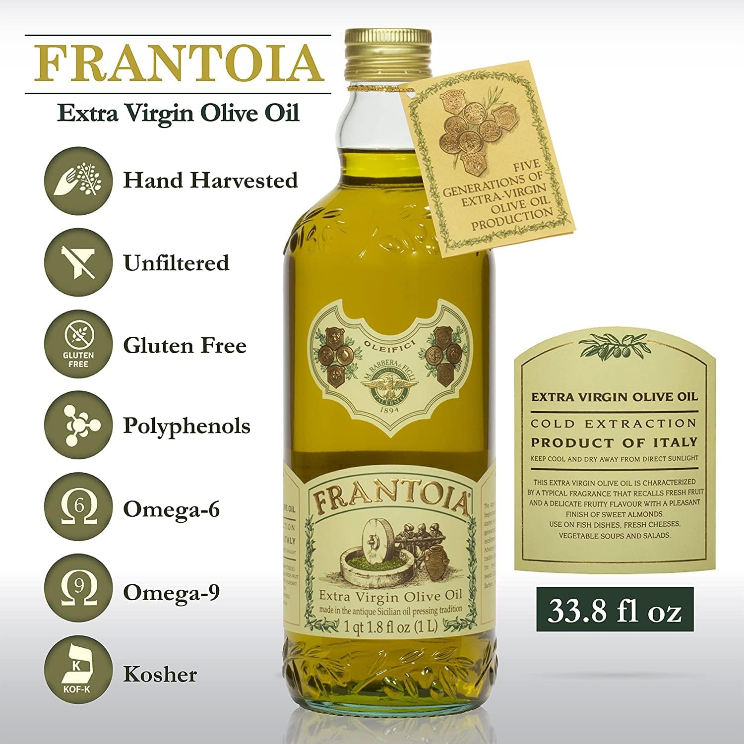 Frantoia Extra Virgin Olive Oil, 33.8 fl oz (1 Liter) – Award-Winning Sicilian EVOO Made from Biancolilla