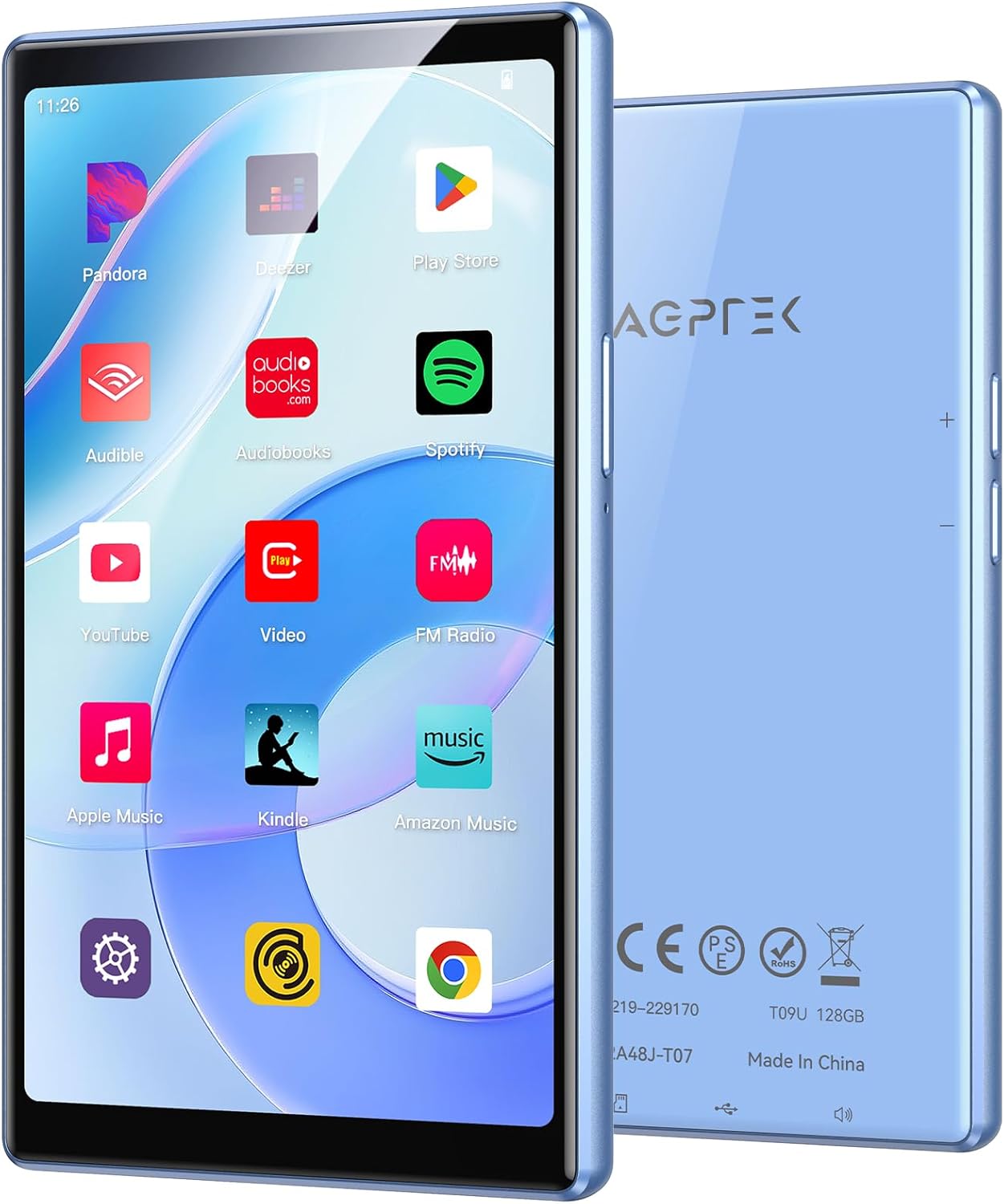 AGPTEK T09 5'' 128GB MP3 Player with Bluetooth and WiFi, Andriod 13 Player | Touch Screen Music Player with Spotify, Audible, Youtube, Up to 1TB(Blue)