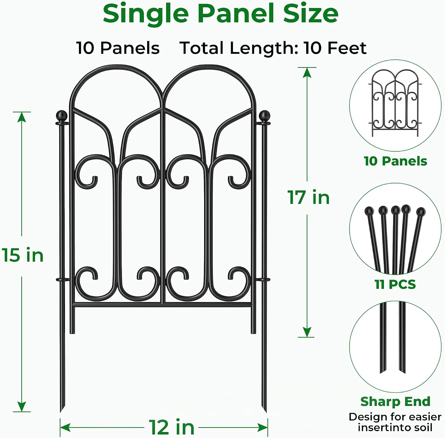 AMAGABELI 10 Panels 17in(H)×10ft(L) Decorative Garden Fences and Borders for Dogs No Dig Rustproof Metal Fence Panels Garden Edging Border Animal Barrier Fencing for Flower Beds Yard Patio Decor Black