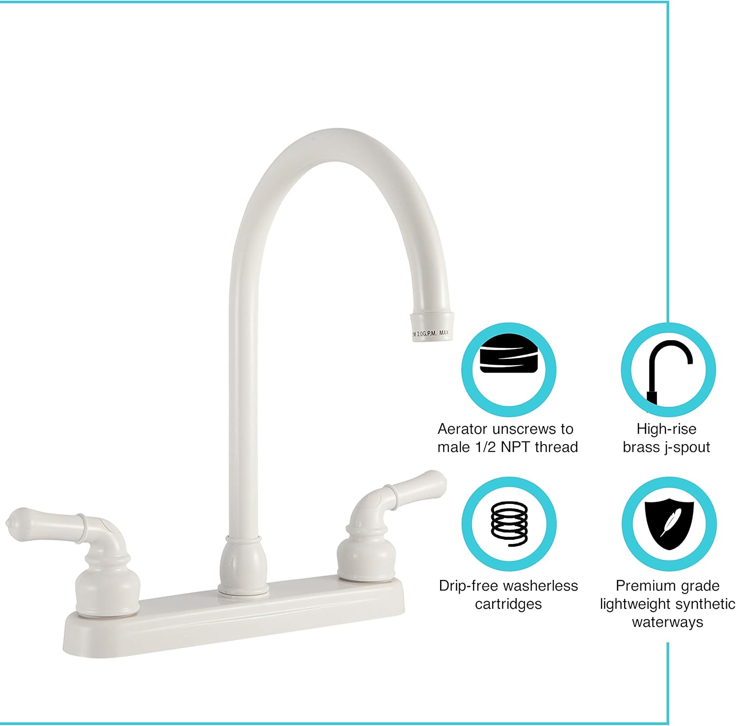 Dura Faucet DF-PK330HC-SN RV J-Spout Kitchen Sink Faucet (Satin Nickel) | Tall spout clears big pots; dual levers fine-tune water flow. Brushed Satin Nickel.