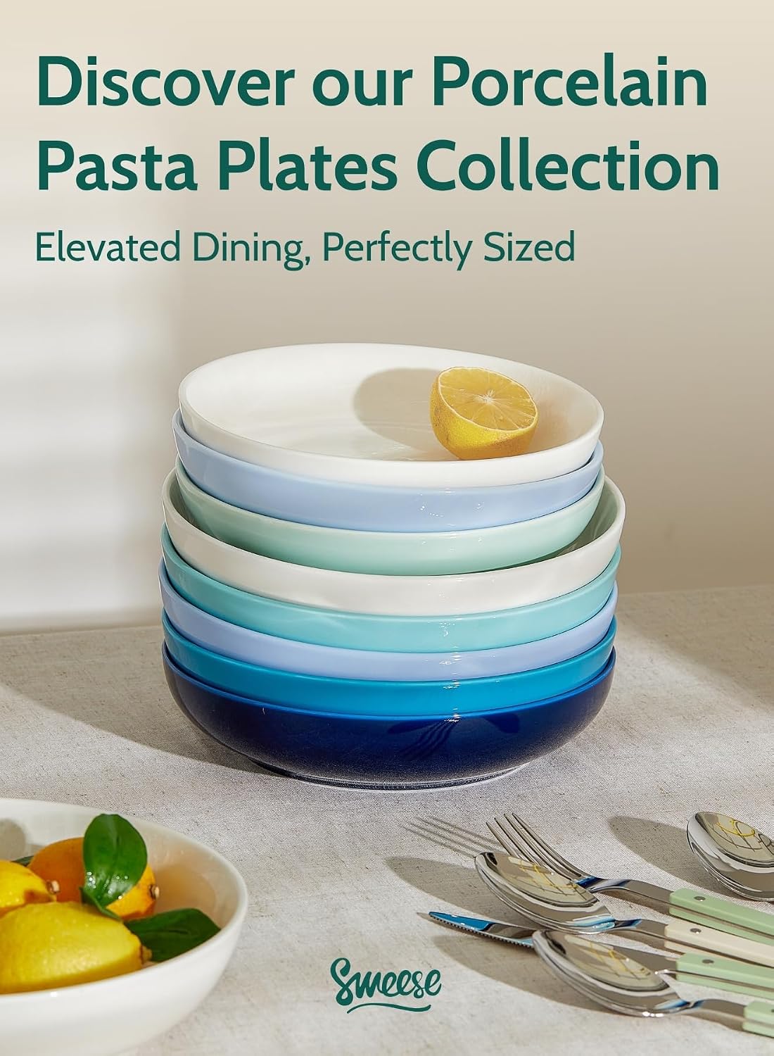 Sweese 22oz Porcelain Pasta Bowls Set of 6-7.6 Inch White Salad Serving Plates, Microwave Dishwasher Safe Dinnerware