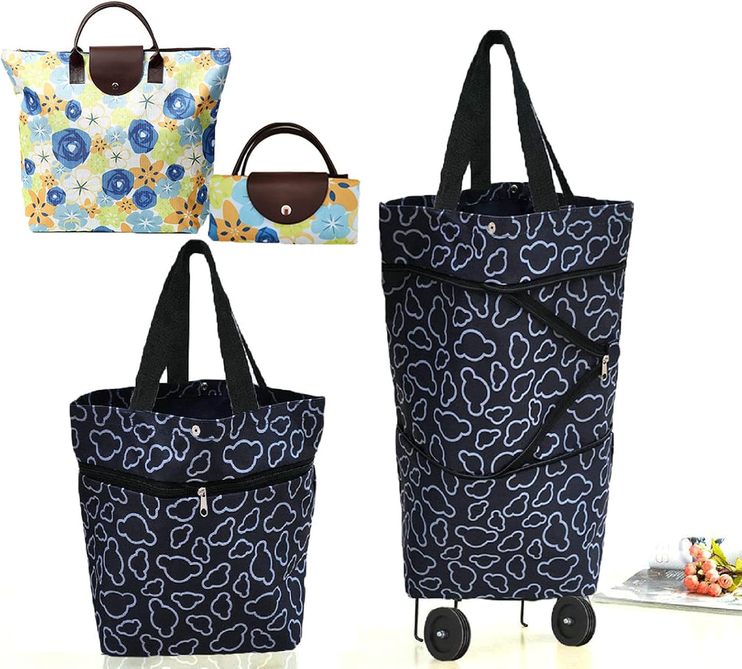 Collapsible Shopping Bag with Wheels Portable Shopping Cart with 360° Swivel Wheels Rolling Tote Bag Reusable Grocery Bag Trolley Bag on Wheels for Travel Shopping and Daily Use(Blue)