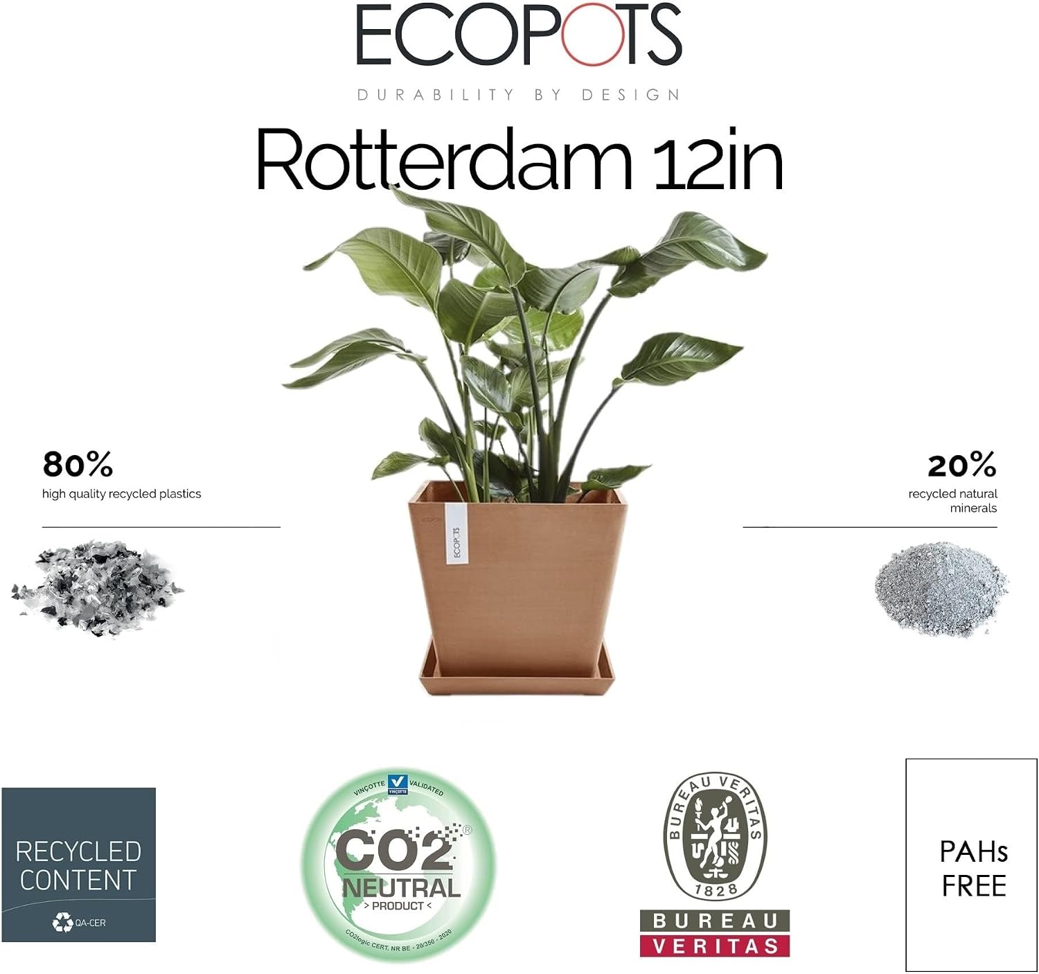 Ecopots Rotterdam Square Flower Planter, White Grey, 8" | Modern Style, Durable Recycled-Based Composite Construction, Weather and UV-Resistant, for Indoor/Outdoor Use