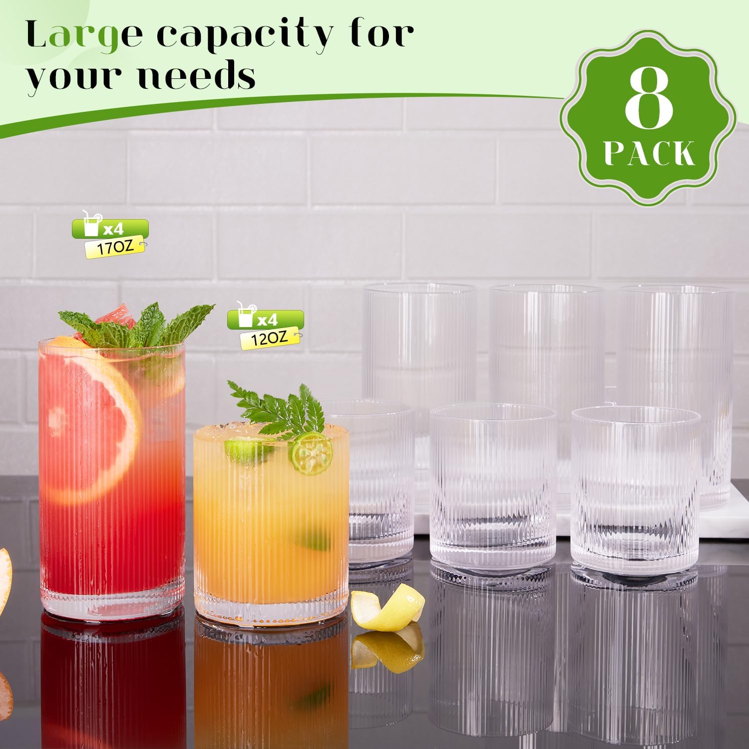 Ribbed Drinking Glasses Cups Set of 8 Large Capacity Highball 17oz&12oz | Rocks Cocktail Glasses Ideal for Beer, Juice, Water, Ice Coffee Cup, Whiskey