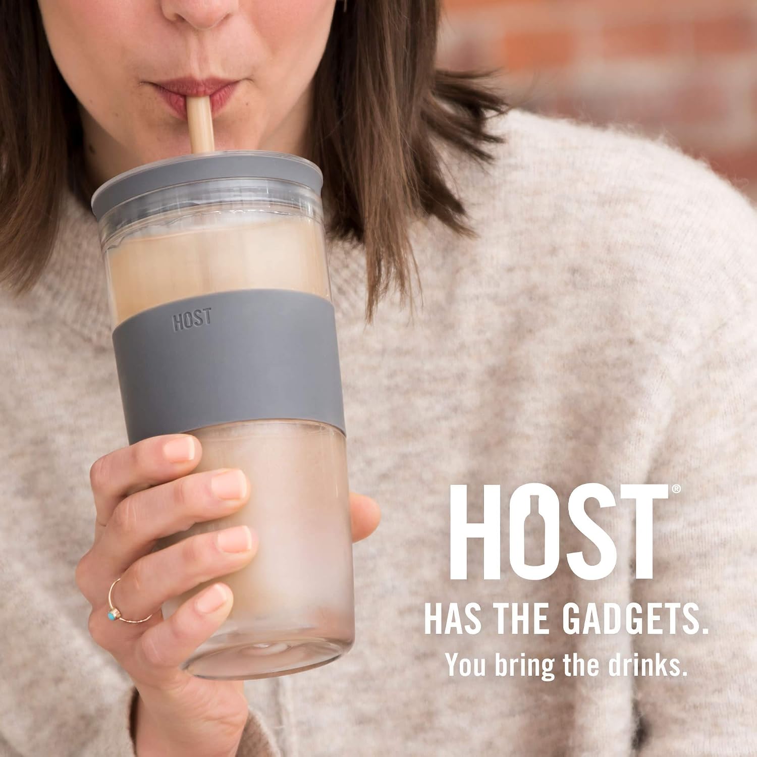 HOST Double Wall Insulated Freezable Drink Chilling Tumbler with Freezing Gel Glasses for Red and White Wine, Straw and Lid, Plastic, 16 oz, Grey