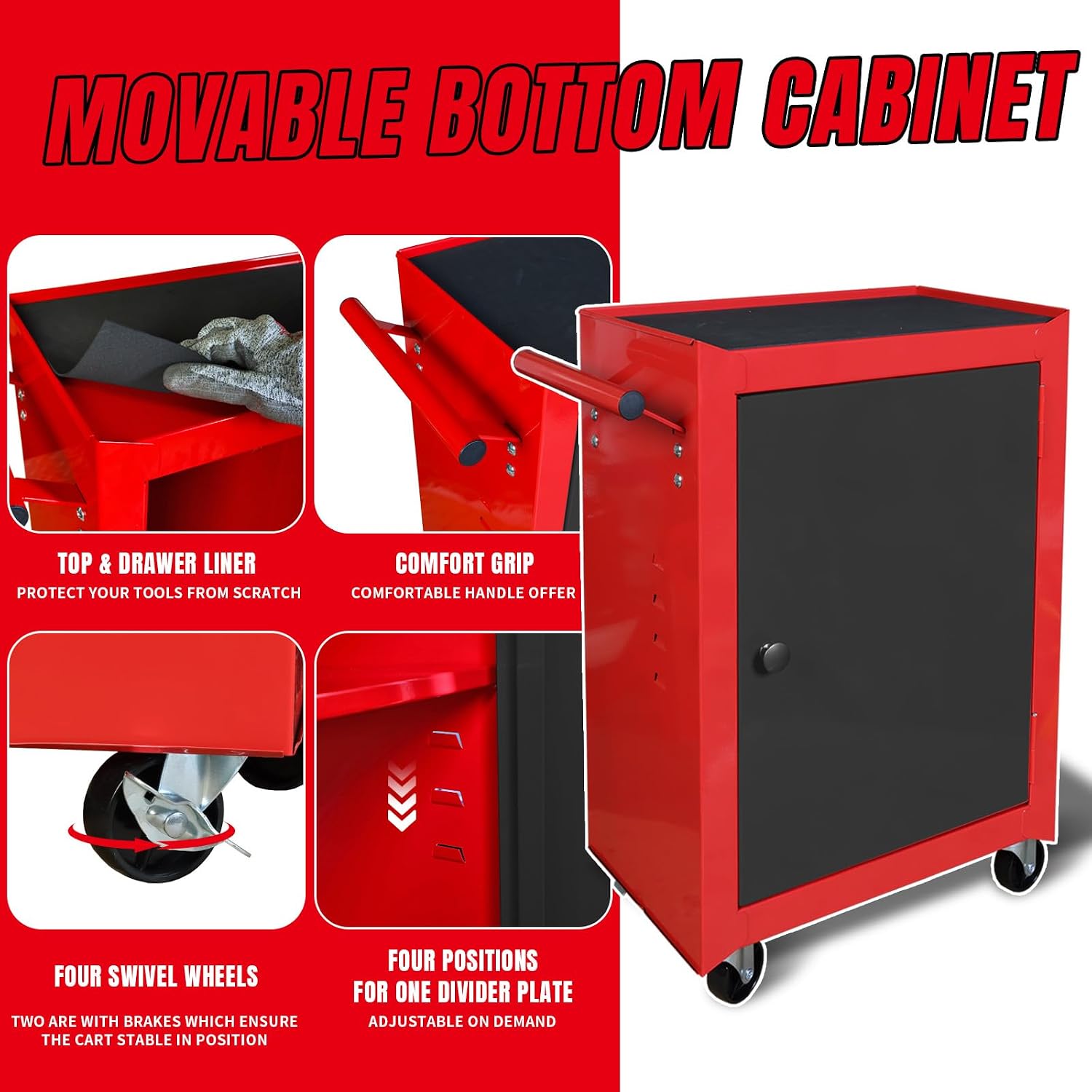 Road DAWG ATBT1204D-Red Torin Rolling Garage Workshop Tool Organizer: Detachable 4 Drawer Tool Chest with Large Storage Cabinet and Adjustable Shelf