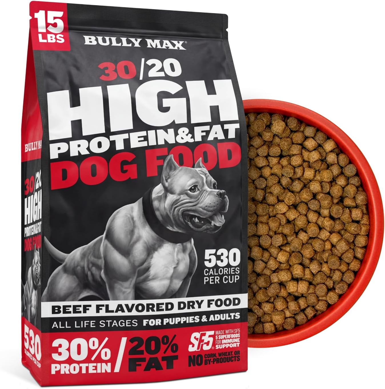 Bully Max Dry Dog Food for Adults & Puppies - High Protein & Fat for Muscle & Weight Gain - High Performance Dog Food Supplements - Small & Large Breed Dogs (535 Calories Per Cup), Chicken, 15lb Bag