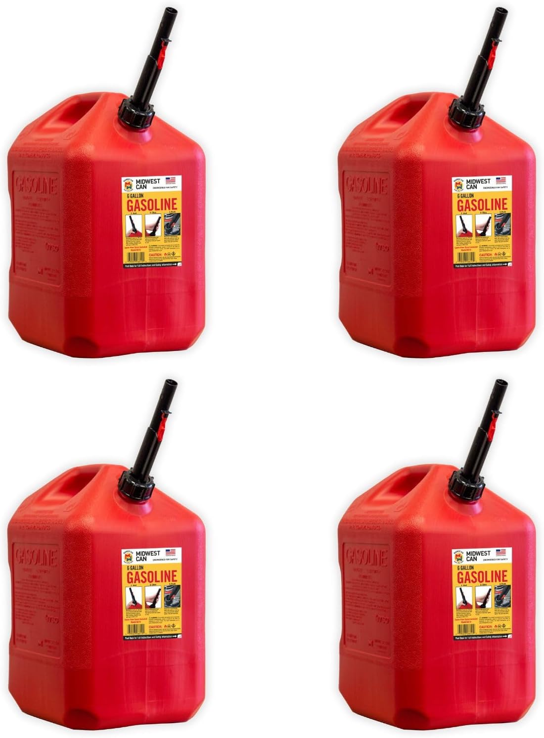 Midwest Can 6610 Safe-Flo Auto Shut Off 6 Gallon Gas Can – Durable Fuel Containers with FlameShield Safety System & Quick-Flow Spout - Red - 4 Pack