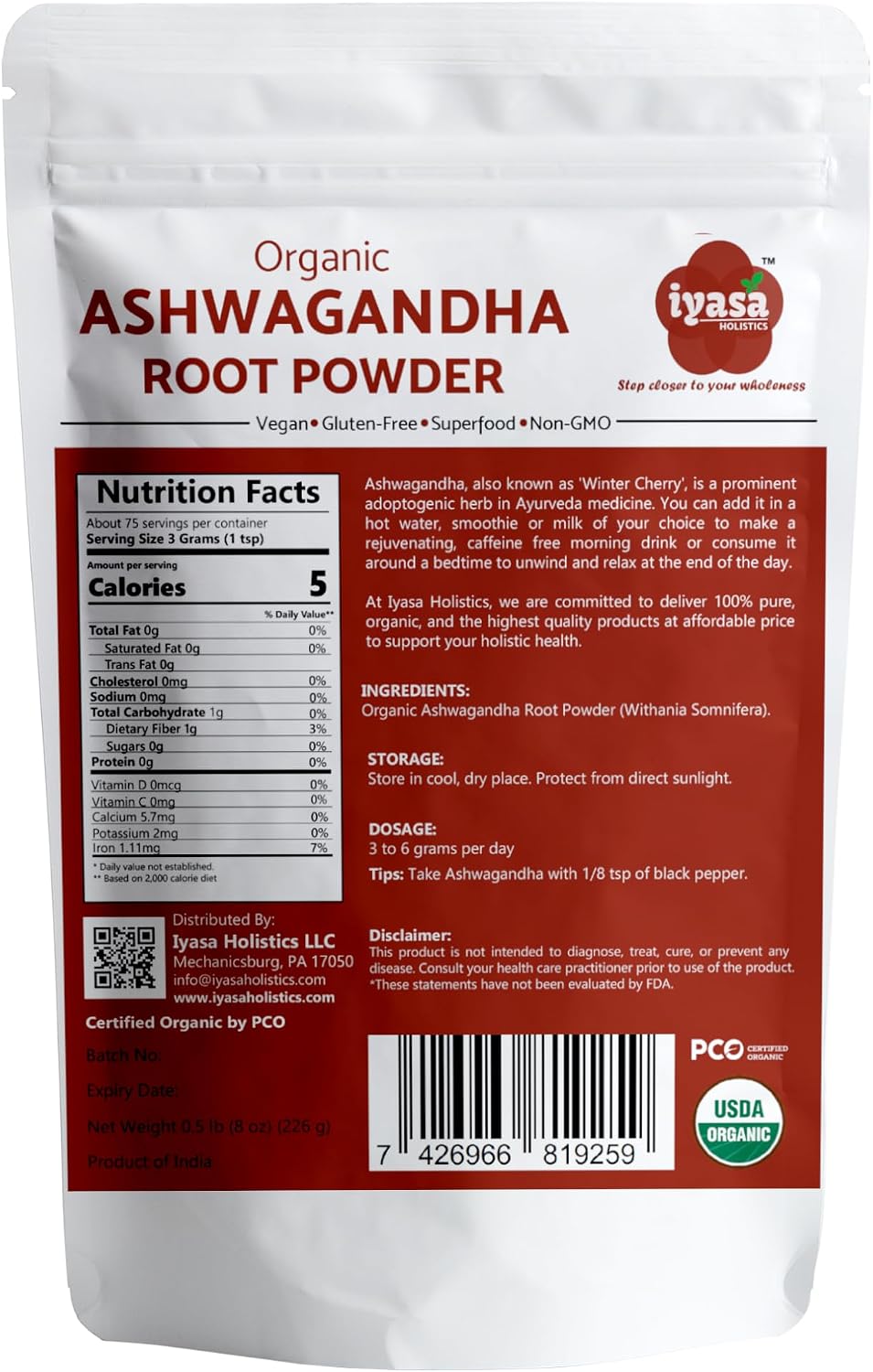 Iyasa Holistics Organic Ashwagandha Powder 16 oz – Natural Superfood Powder to Support Calm