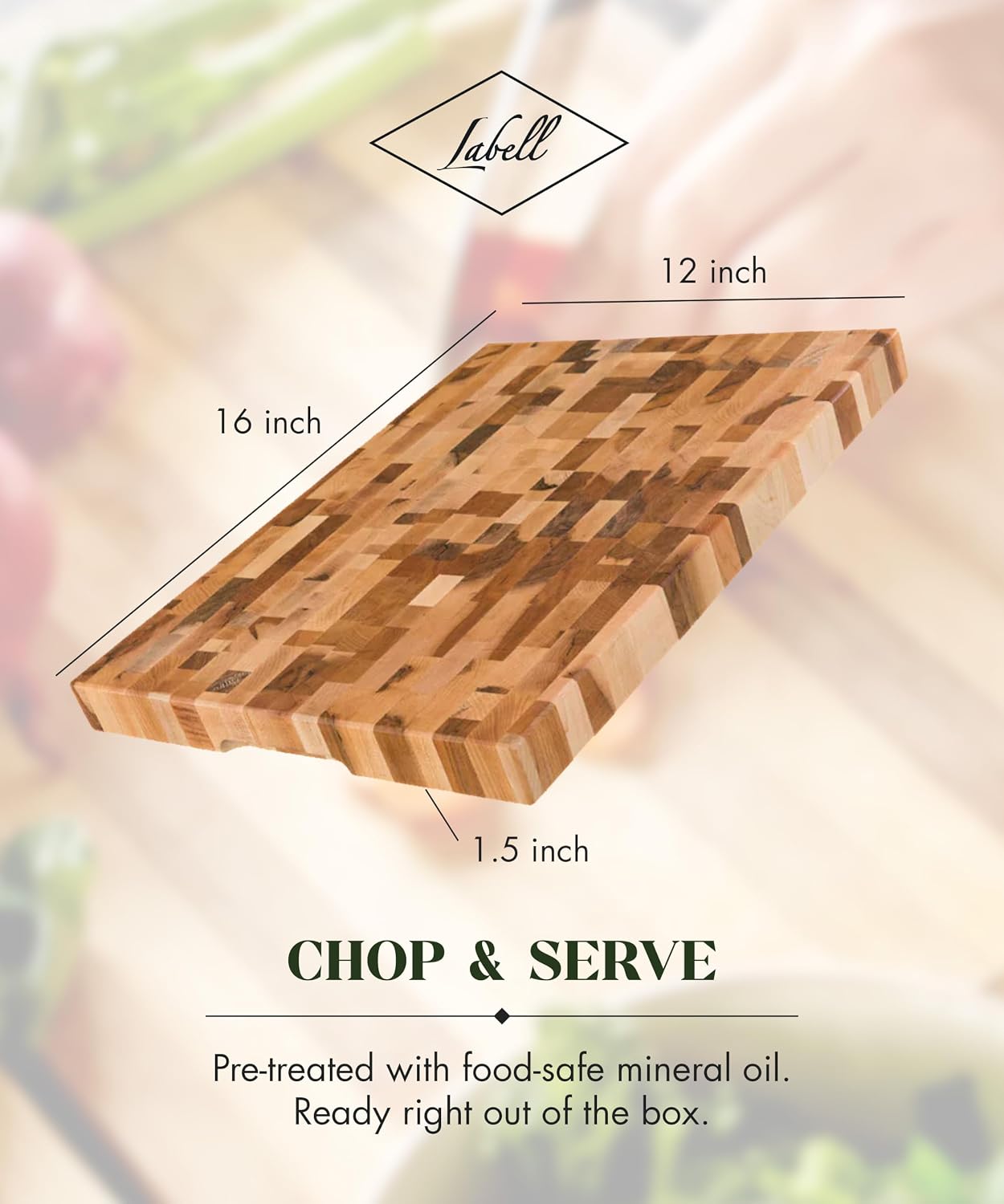Labell Maple End-Grain Butcher Block, Juice Groove, 12 x 16 x 1.25 in | Checkered Cutting Board, Handcrafted in Canada, Thick, for Meat, Cheese
