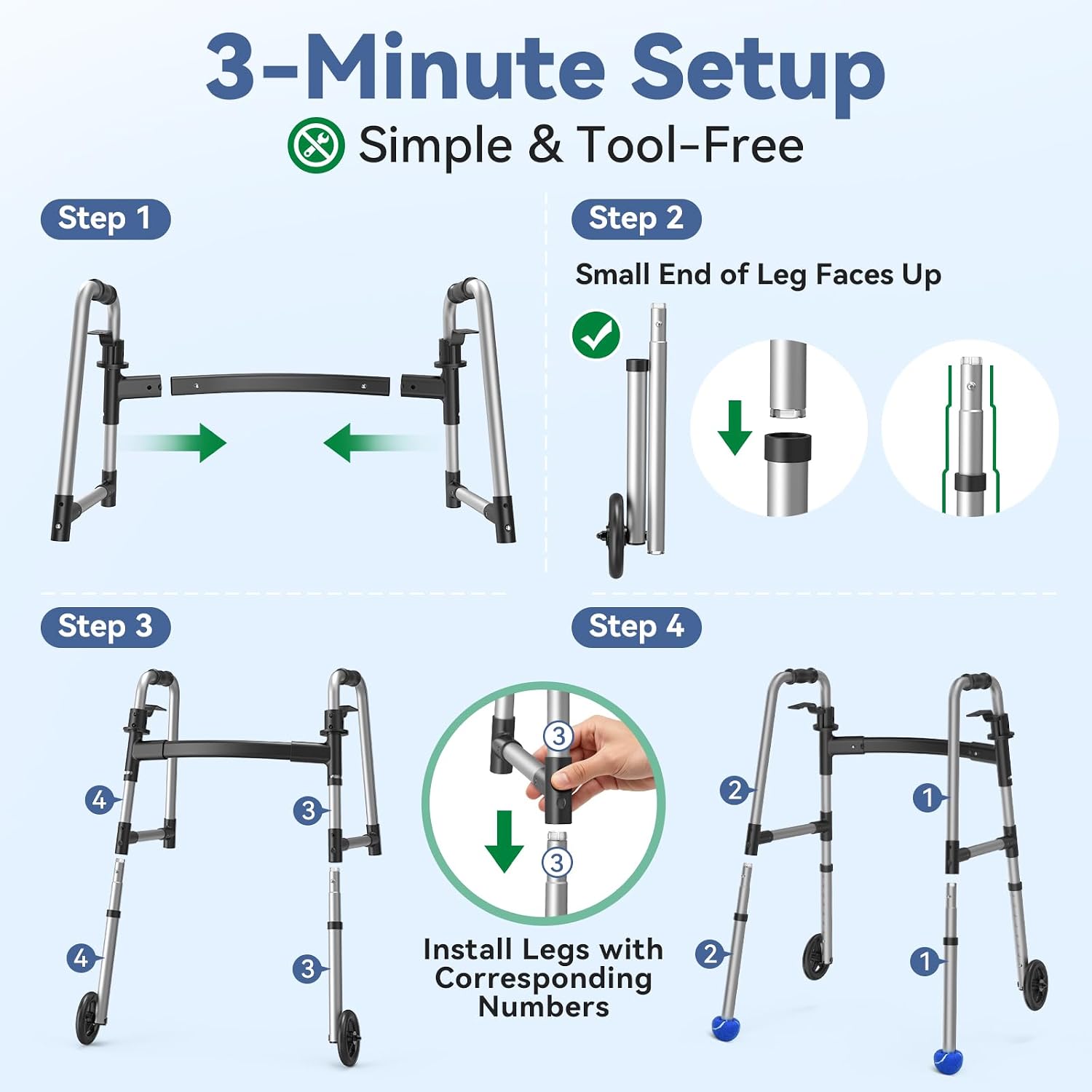 Loyoda Folding Walker with Basket and Glide Skis, 5" Wheels, Lightweight | Standard Walker for Seniors and Adults, Offers 8 Height Adjustments (31"-38"), Supports up to 350 lbs