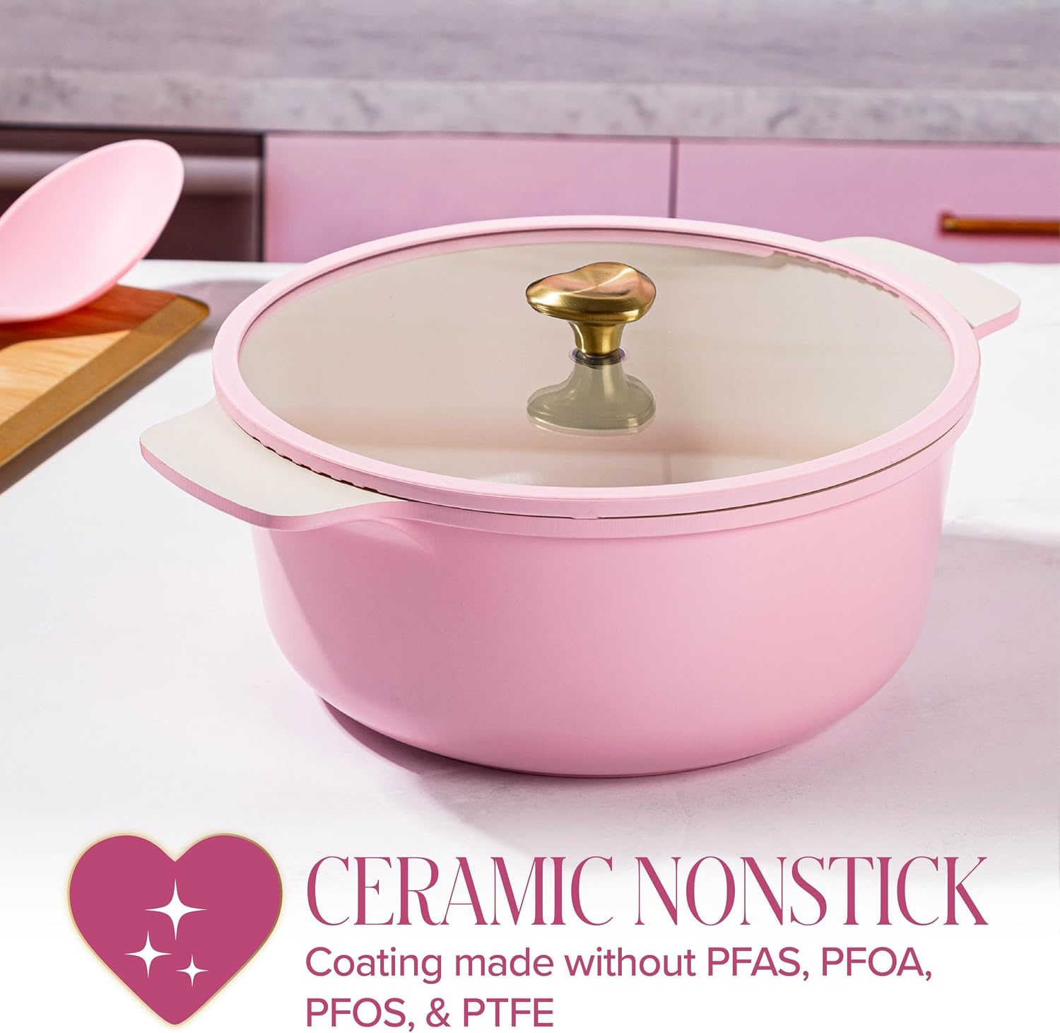 Paris Hilton Cast Aluminum Dutch Oven with Lid, Ceramic Nonstick Coating Made Without PFAS, PFOA, PFOS & PTFE, Heart Knob, 4.3-Quart, Pink