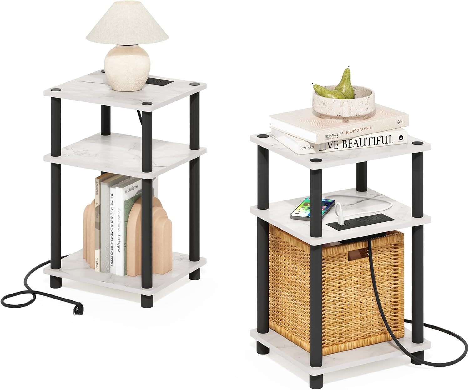 Furinno Turn-N-Tube End Table Corner Shelves, Set of 2, Dark Cherry/Black | Stackable Modern End Table with Open Shelf, Night Stand, Bedside Table, for Living Room, Bedroom