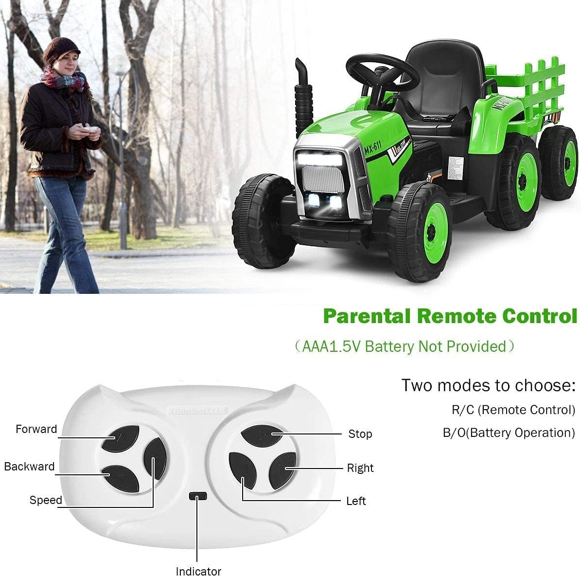 Costzon Ride on Tractor with Detachable Trailer, Kids' Electric Vehicles w/3-Gear-Shift Ground Loader, Wireless Design & USB, 7 LED Headlights