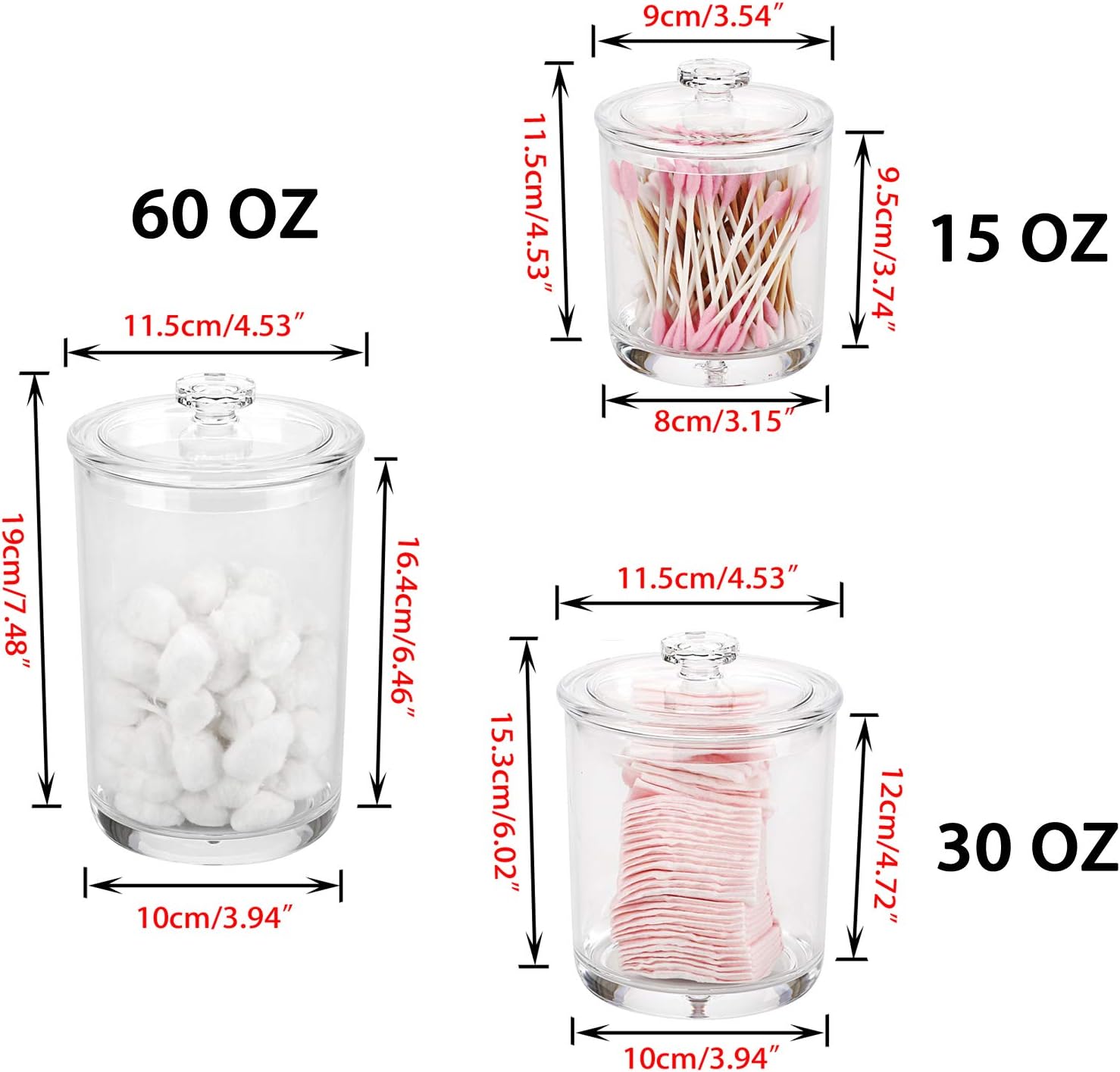 Hipiwe Clear Plastic Apothecary Jars with Lid, Set of 3 Large Q-Tips Holder