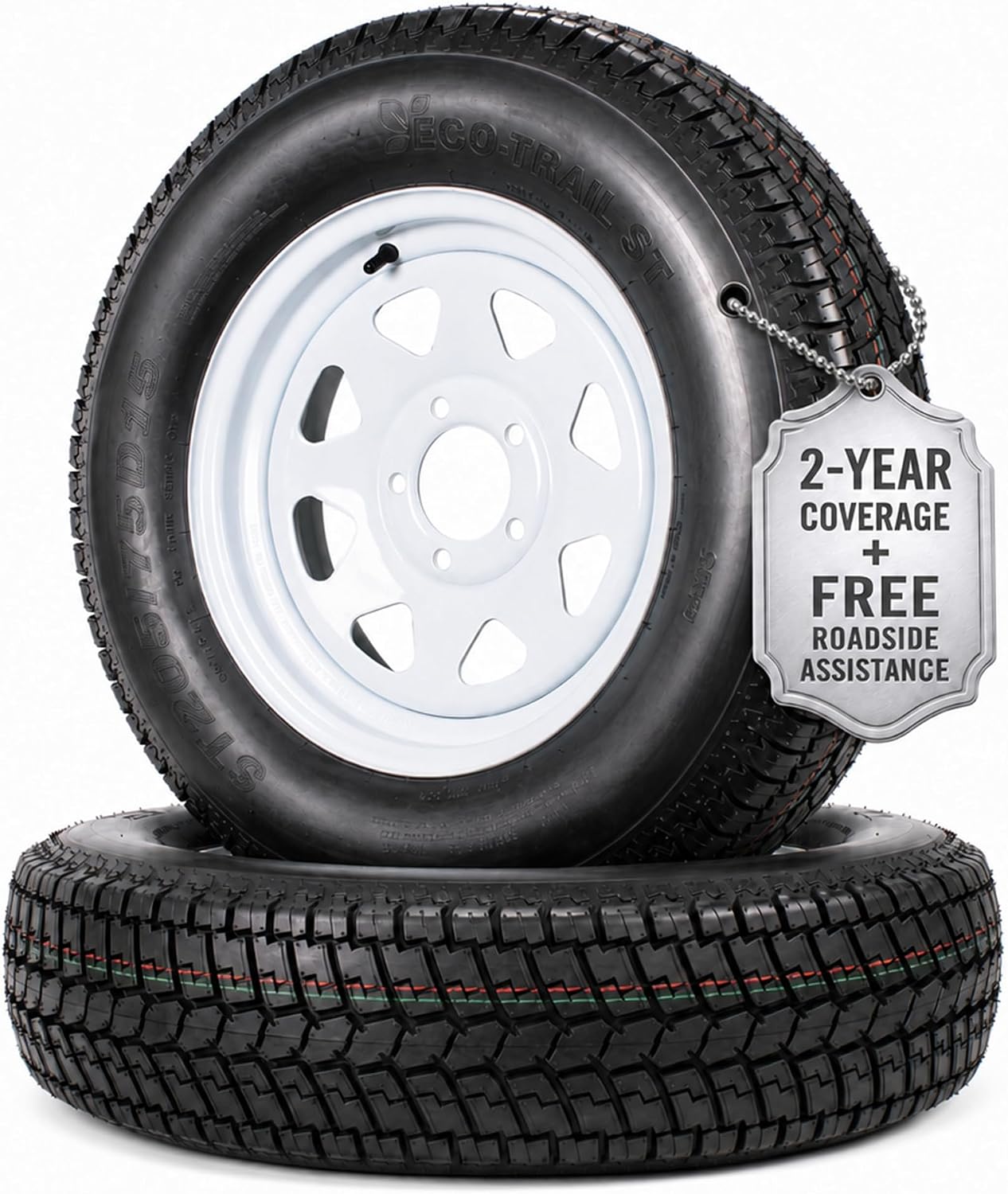 eCustomrim 2-Pack Trailer Tire Rim Assembly ST205/75D15 15 Inch 5 Lug White | Load Range C 6 Ply F78-15 Tire, 5 Bolt On 4.5 Inch Center Steel Wheel