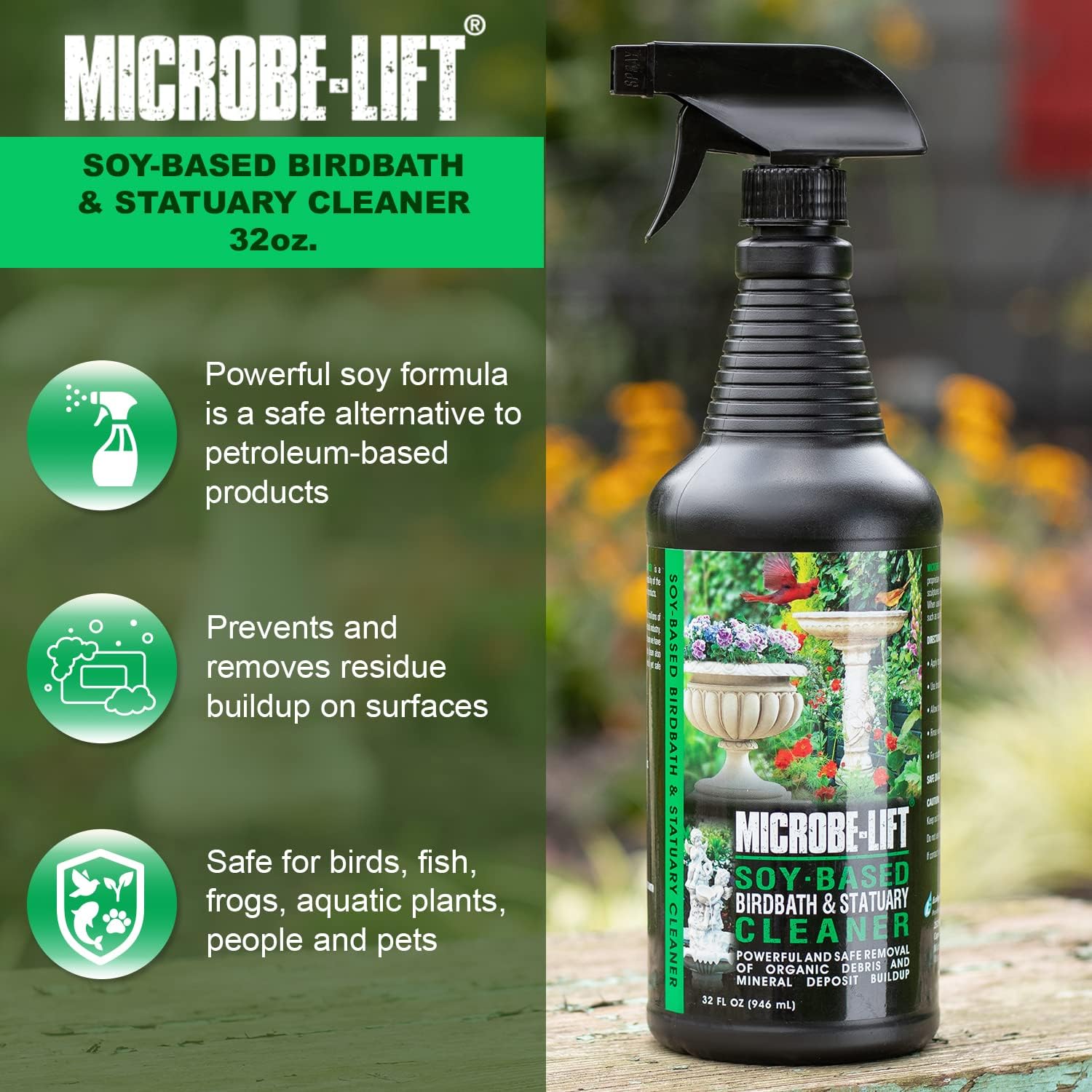 Microbe-Lift Soy-Based Birdbath & Statuary Cleaner – 32 Oz – Safe for Birds – Cleans Garden Statues, Stone, Brick & Sculptures – Natural