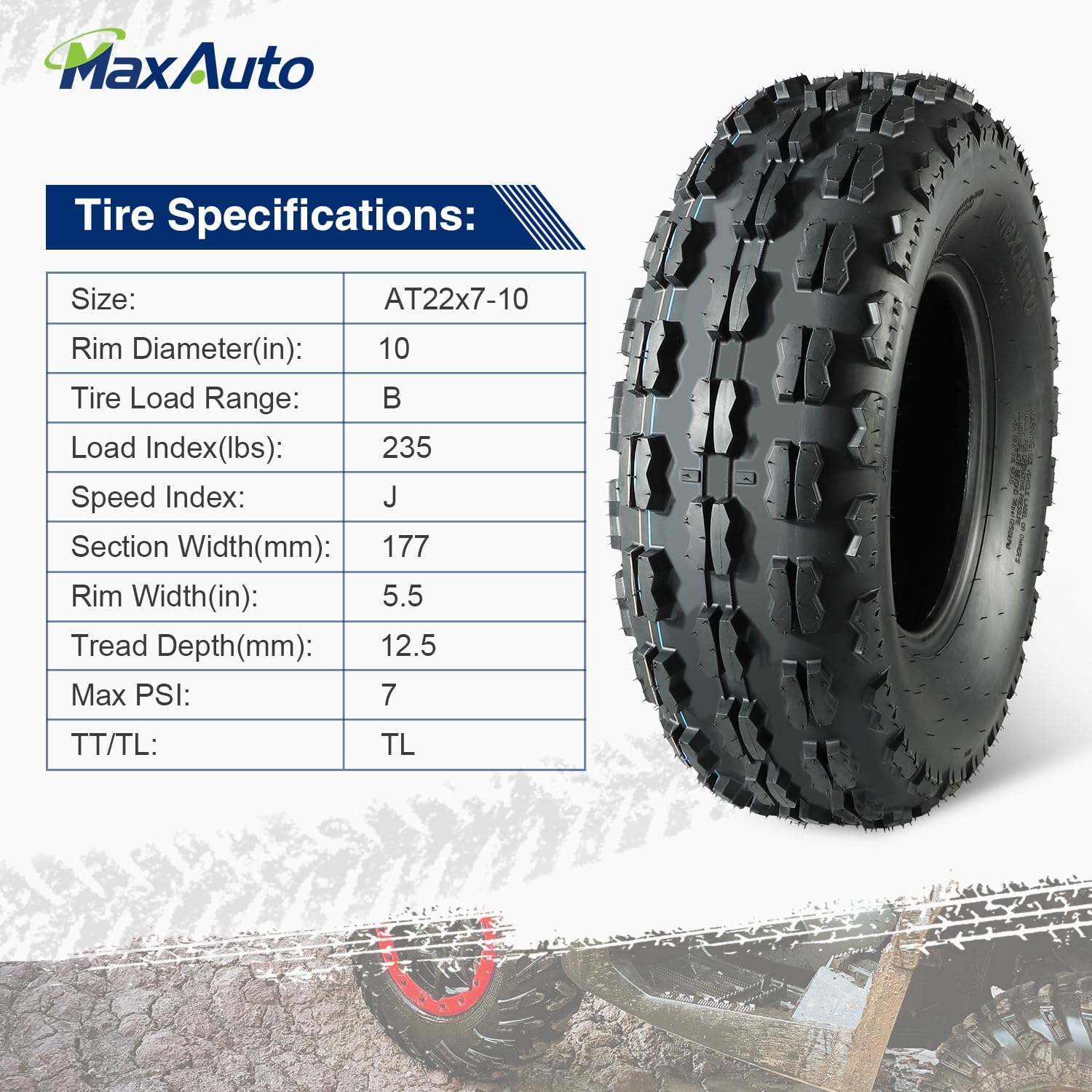 MaxAuto 22x7-10 22-7-10 Front ATV Tires Quad Sport ATV UTV Tires 22x7x10 4-Ply Mud Sand Snow and Rock Tire Tubeless Knobby Sport-tires, Set of 2