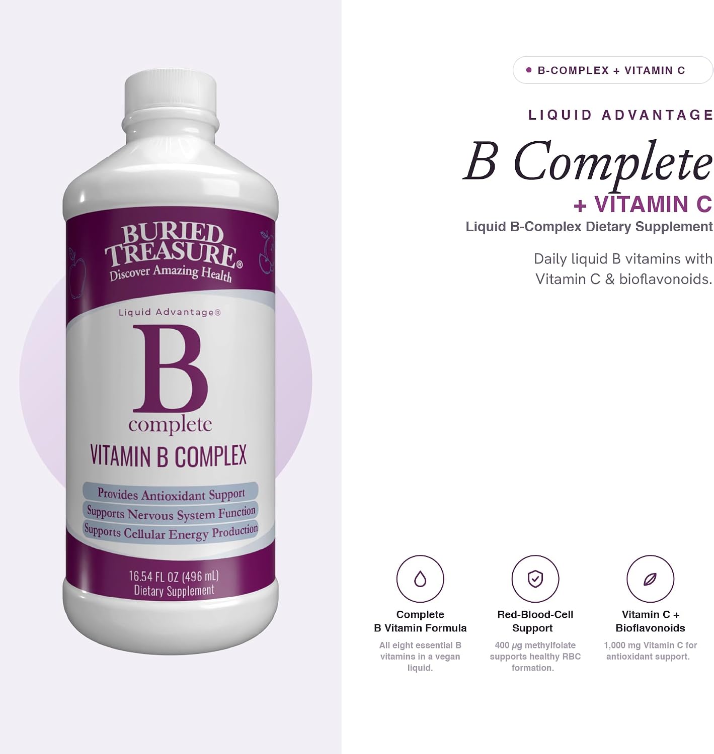 Buried Treasure B Complete - 16 Fl oz, All 8 B Vitamins with Methylated B12 & Methylfolate, Biotin, B1, B2, B6, Antioxidant Support