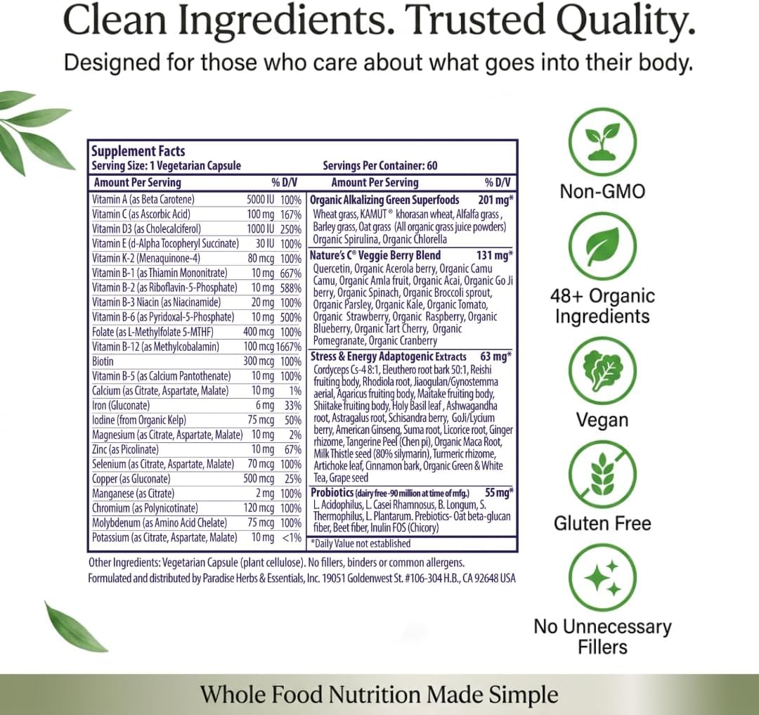 Paradise Herbs & Essentials Once Daily Multivitamin Iron 60 Capsules | Organic superfoods, probiotics, and vitamins A, B12, C, D, K2 in a dietary supplement for immune and bone support.