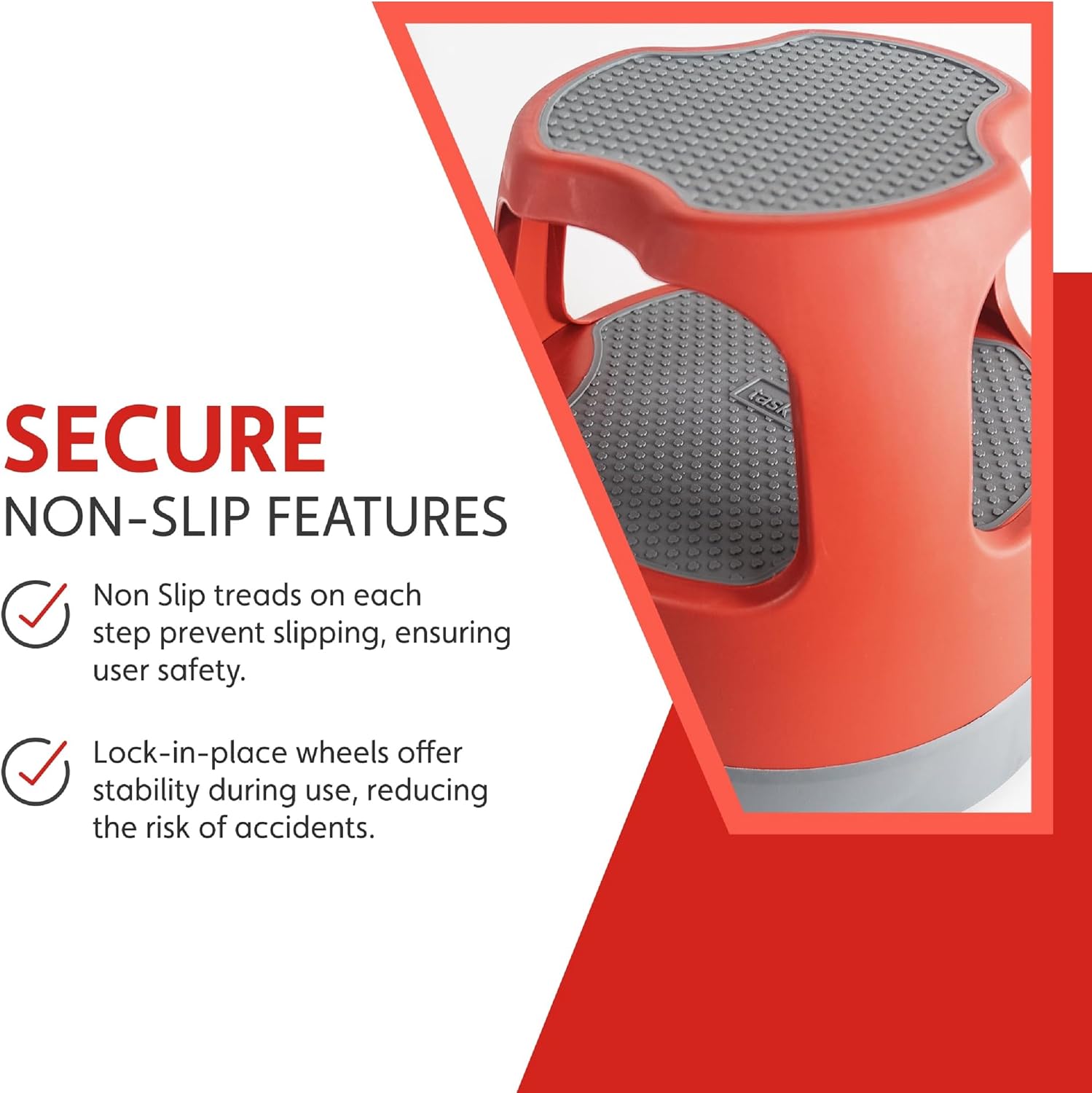 Cramer Scooter Stool, Round, 2-Step, 15", Step and Lock Wheels, 300 lb Capacity, Red