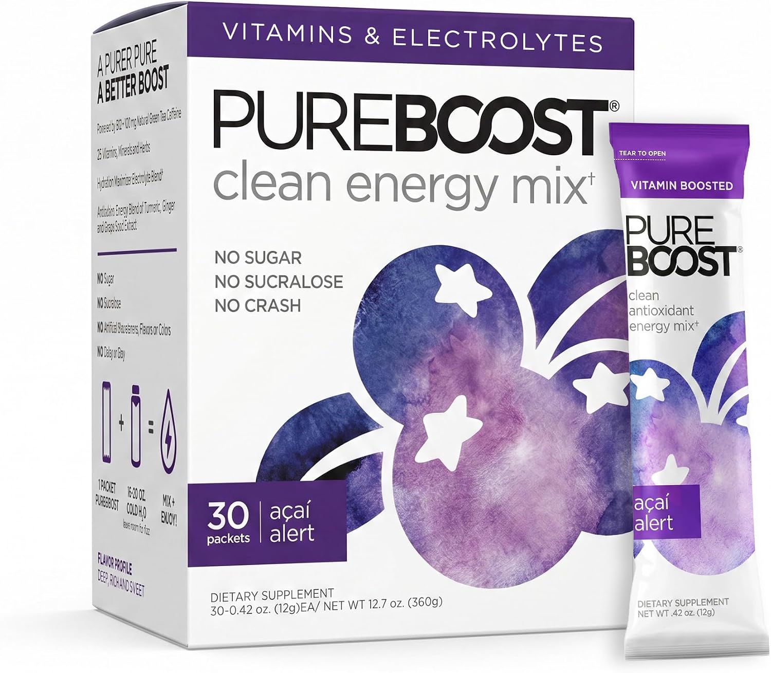 Pureboost Sugar-Free Clean Energy Booster Drink Mix, Citrus Sunrise 30ct | B12 vitamins, low sodium electrolytes & antioxidants. 25 vitamins and minerals. No sucralose.
