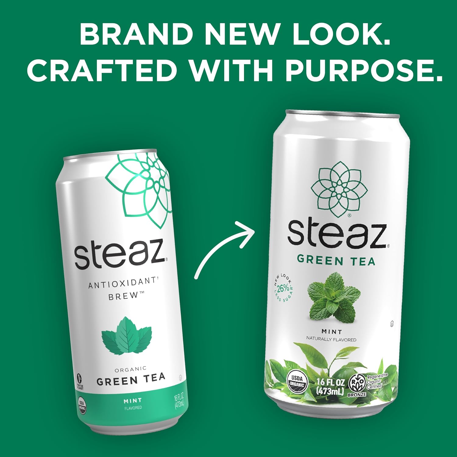 Steaz - Organic Green Tea - Peach (12 Pack) - 30mg Natural Caffeine, 70 Calories,Cane Sugar - Sweetened Iced Tea - Regenerative Organic Certified®️ - Vegan, Direct Trade - 12 Cans, 16 fl oz
