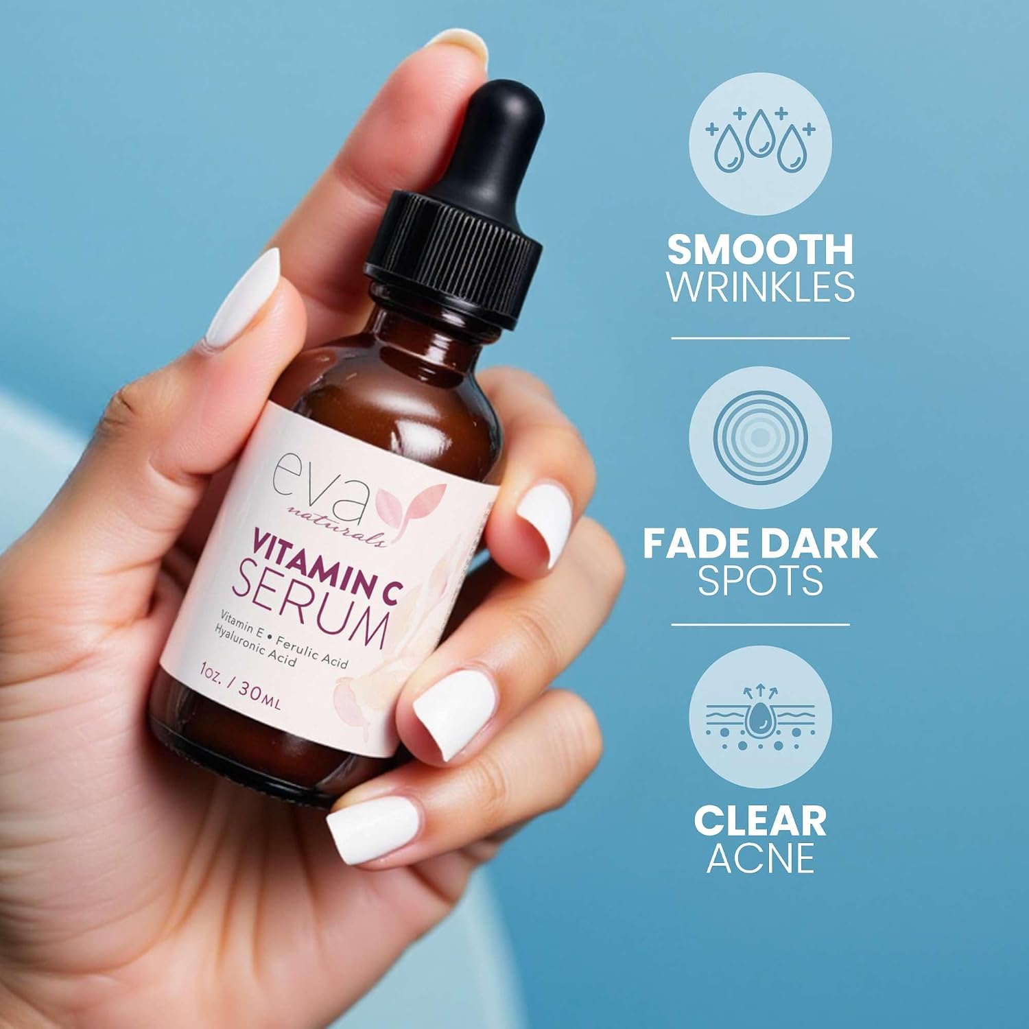 Eva Naturals Vitamin C Serum 20%, Hyaluronic & Ferulic Acid, 1 oz | Vitamin E, dark spots, acne, anti-aging, glow, even skin tone