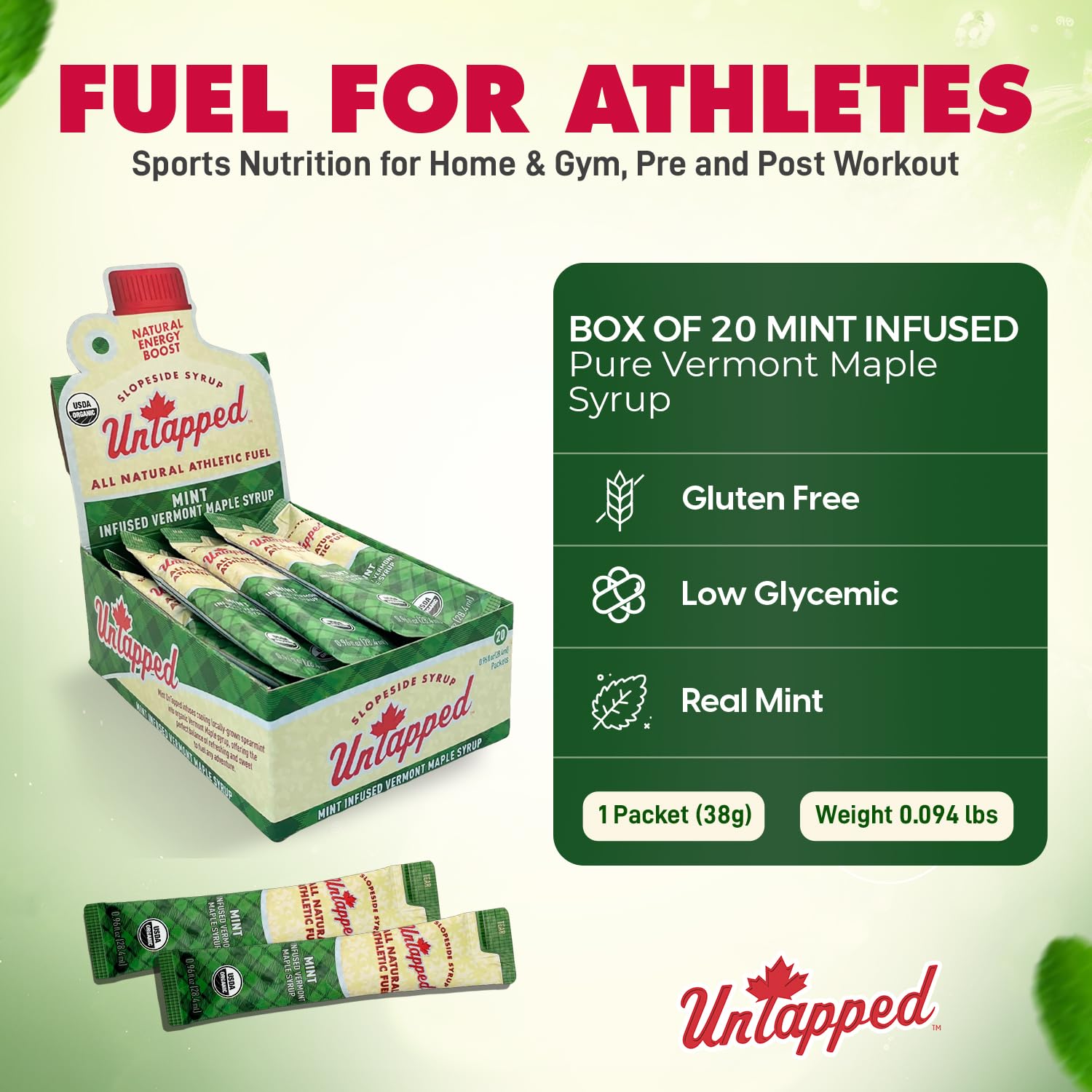 UnTapped Vermont Maple Syrup Packets for Athletes, Box of 20-0.96 Fl Oz | Organic Pure Maple Syrup for Natural Endurance Energy | Fuel to Keep You Running Longer