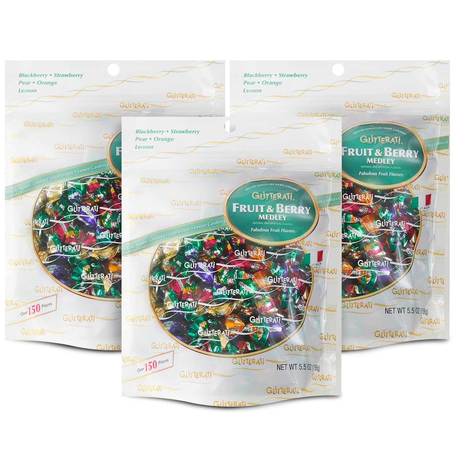 GLITTERATI Fruit & Berry Medley Italian Mini Hard Candies, Individually Wrapped Gourmet Candy, Natural Fruit Flavors, Vegan, Gluten Free, Non-GMO, 14 Oz Bag, 400 Count
