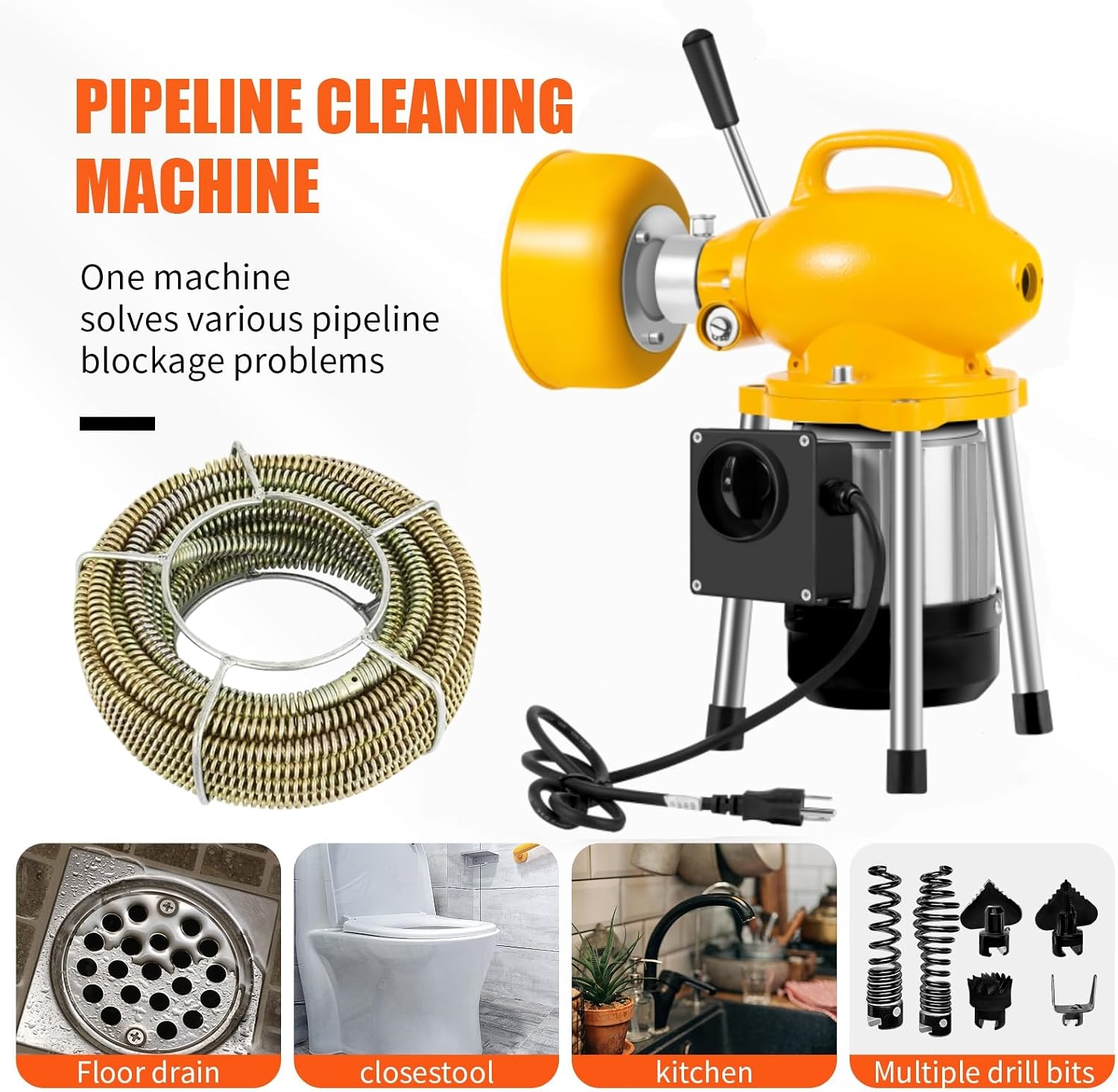 Drain Cleaner Machine, 90Ft Electric Drain Drill (74 'x 5/8 "and 16' x 3/8"), 400W 3-wire electric, portable design, comes with 6 knife heads