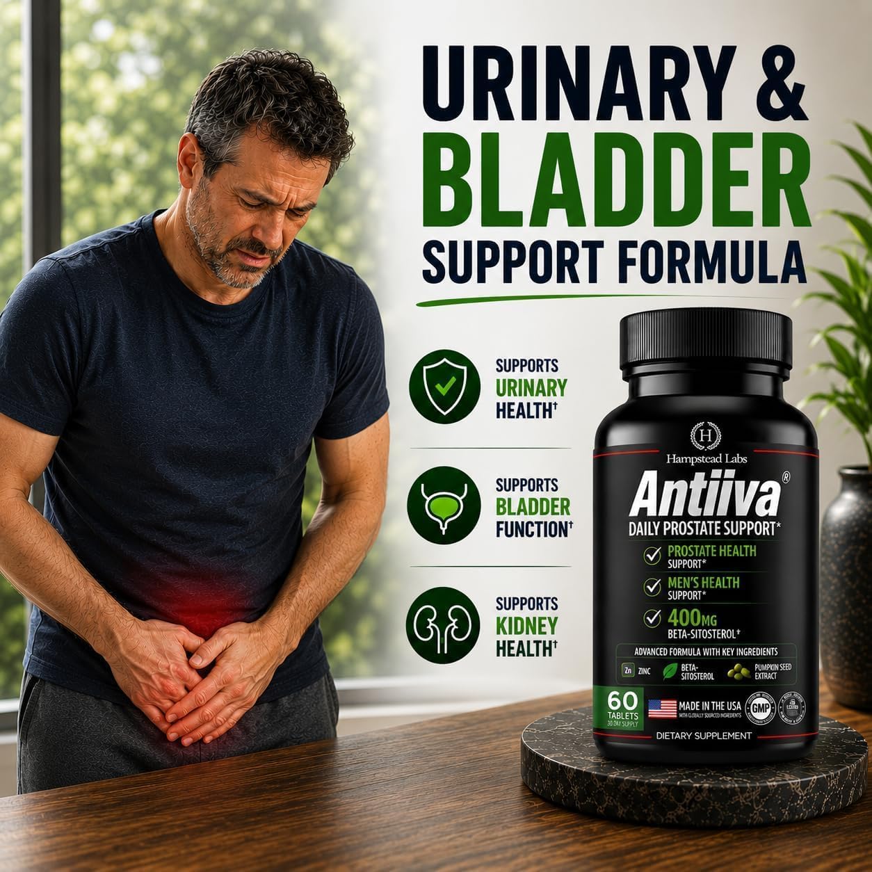 Hampstead Labs Advanced Men Prostate Support Beta Sitosterol 400mg 60 Tab | Promotes bladder health, healthy urinary flow & everyday comfort with Zinc. No Saw Palmetto.