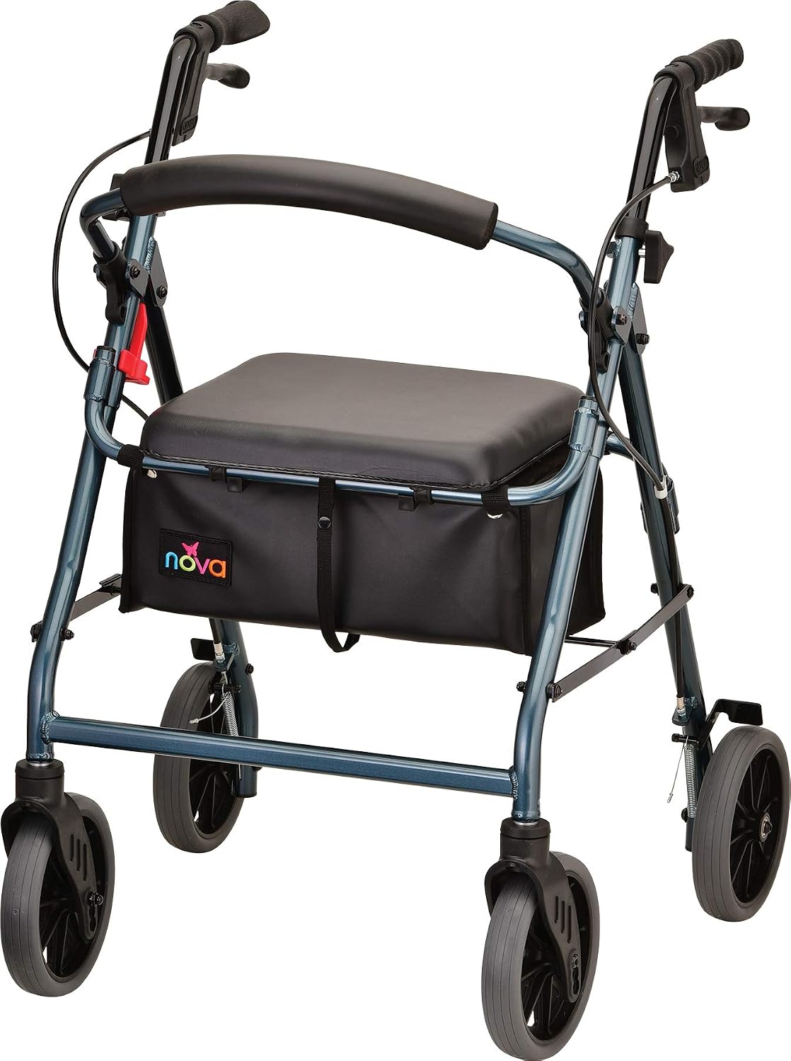 NOVA Zoom 22 Rollator Walker for Seniors, Rolling Walker with Locking Hand Brakes, Padded Seat & 8" Wheels, Lock N Load for Easy Transport & Storage, Adjustable Height 5'5"–6'1", Red