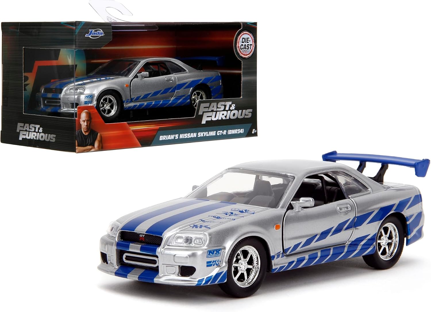Jada Toys Fast & Furious 1:32 Brian's Nissan Skyline GT-R R34 Die-cast Car Silver/Blue, Toys for Kids and Adults