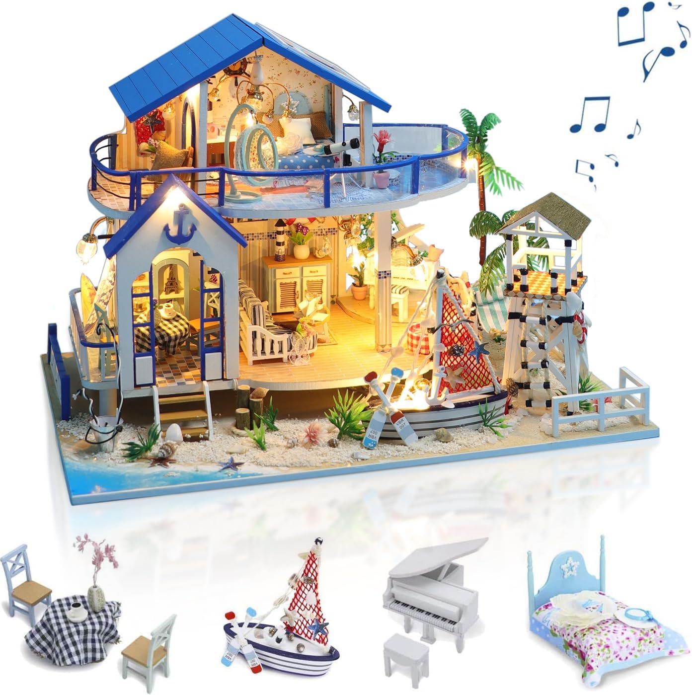GuDoQi DIY Miniature Dollhouse Kit, Miniature House Kit 1:24 Scale, Tiny House kit with Music and Furniture Kit, Great Gift for Birthday Christmas
