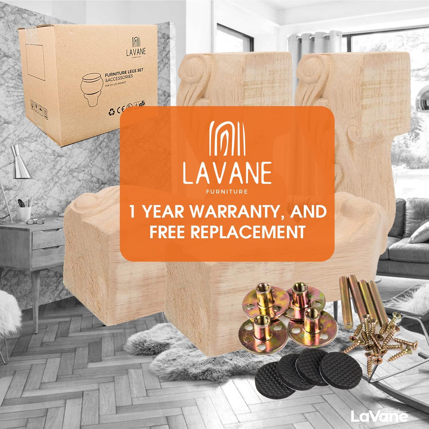La Vane 6 inch / 15cm Wooden Furniture Legs, Set of 4 European Style Solid Wood Carving Furniture Replacement Feet Decoration for Sofa Cabinet Wardrobe Table Loveseat