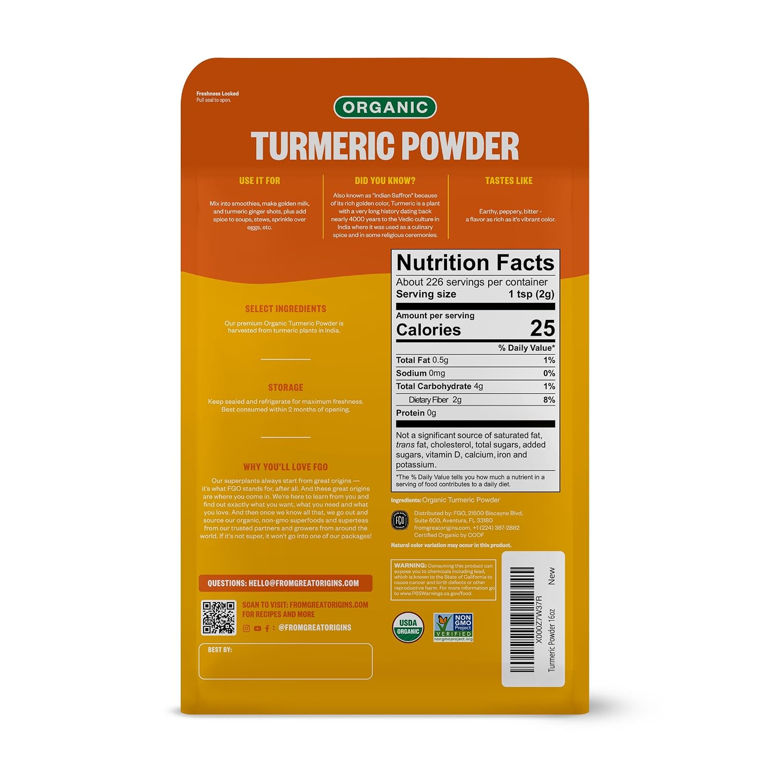 FGO Organic Turmeric Powder w/Curcumin, 8oz Resealable Pouch, USDA Organic and Non-GMO, Sourced from India, Packaging May Vary (Pack of 1)