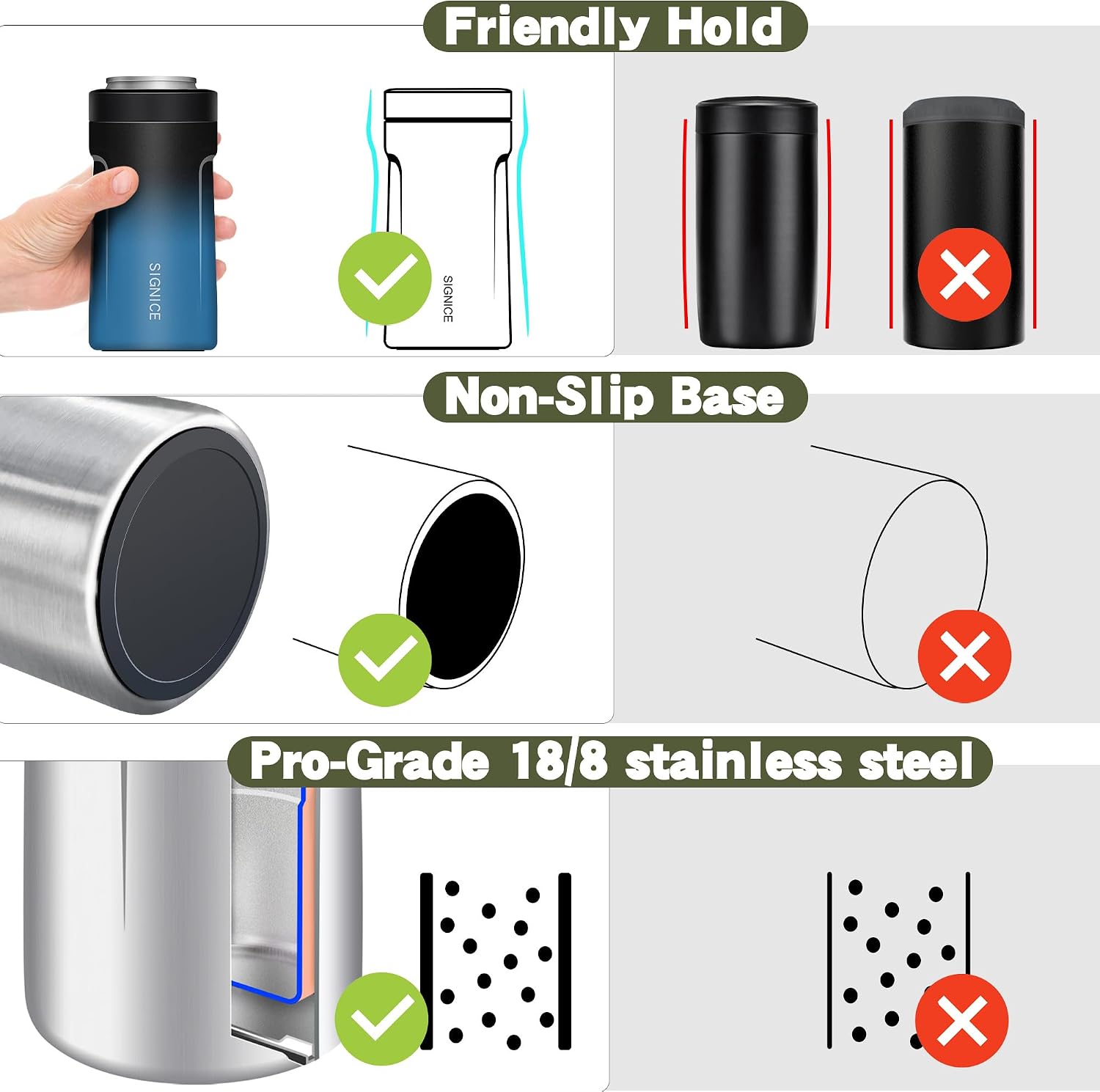 3 In 1 Insulated Universal Can Cooler - Signice Double Walled Vacuum Insulator Stainless Steel Slim Can Cooler for 12 Oz Skinny Tall Standard