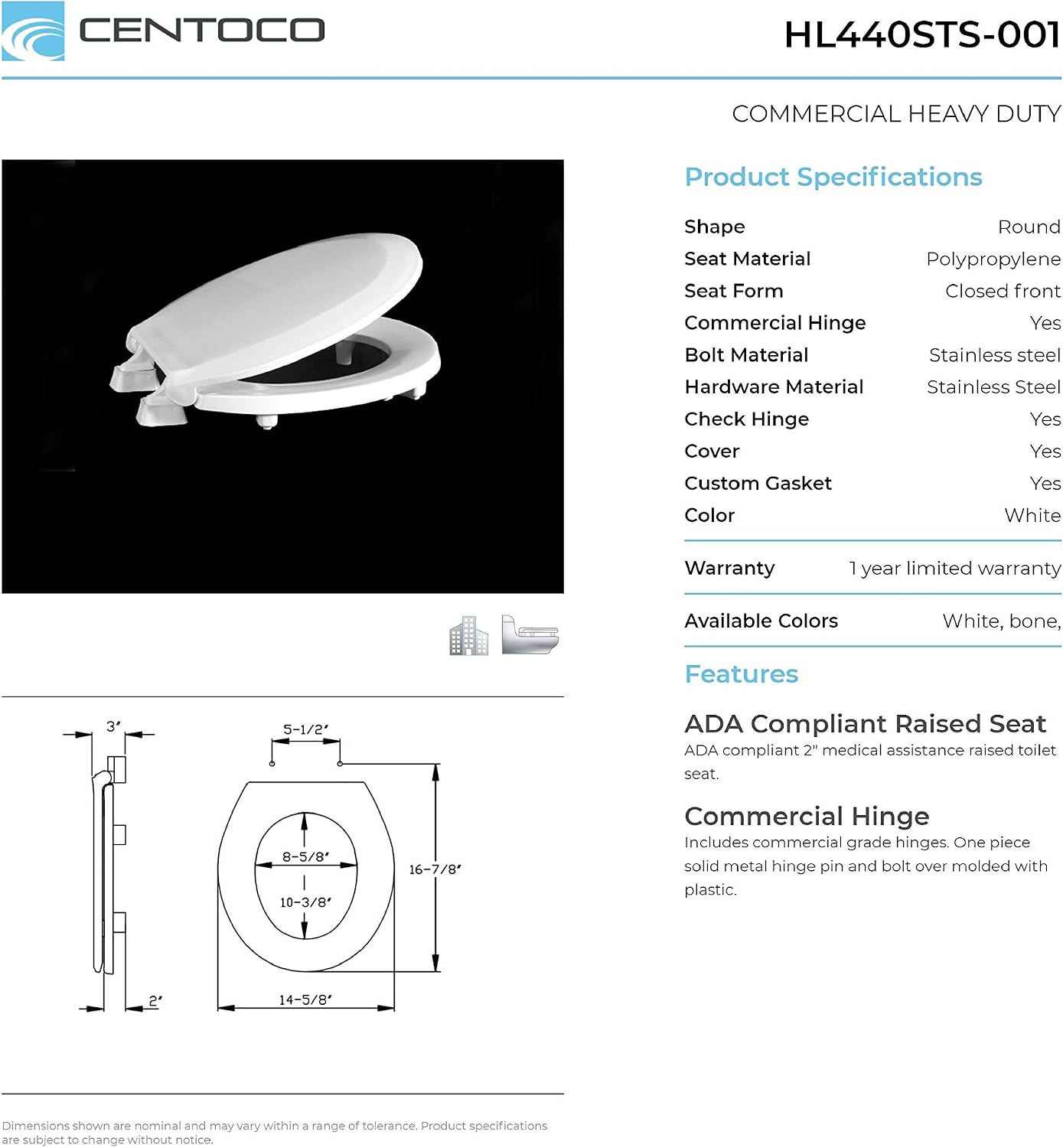 Centoco 3 inch Raised Toilet Seat for Seniors, Elongated, White | Closed Front, Cover, Plastic, 3L800STS-001, Made in the USA