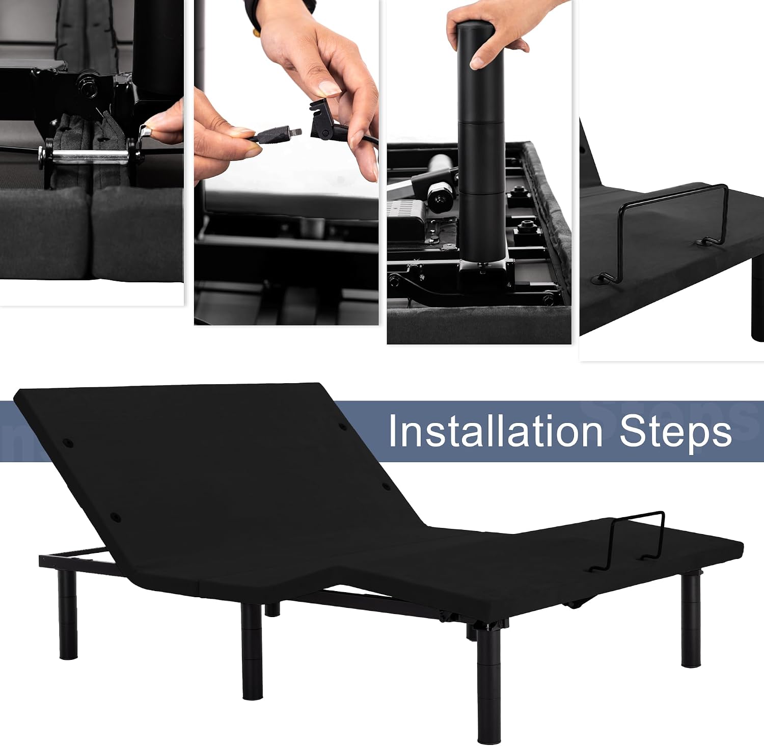 Fromann Adjustable Electric Twin XL Bed Base Frame with Massage, USB Type-C Ports, Zero Gravity, Under Bed Led Lighting and Three Leg Height (Black)