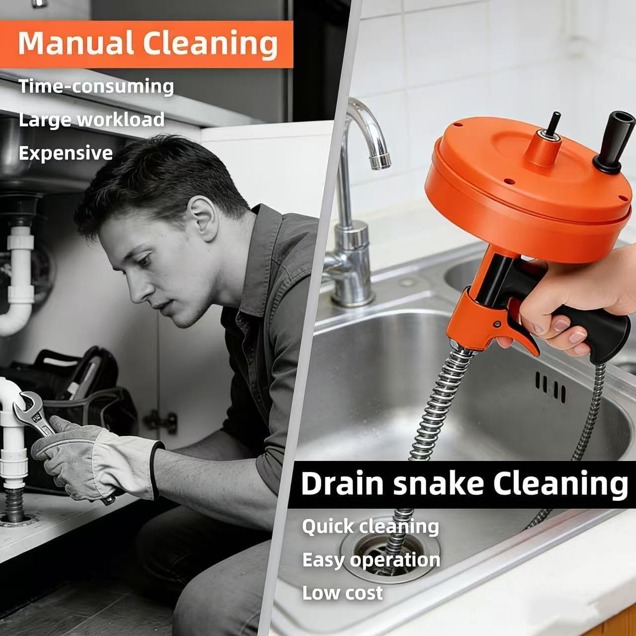50 FT Double Mode Drain Snake Tools, 14-in-1 Drain Auger for Sink and Drain Unblocking, Plumbing Snake for Kitchen, Bathrom and Shower Sink