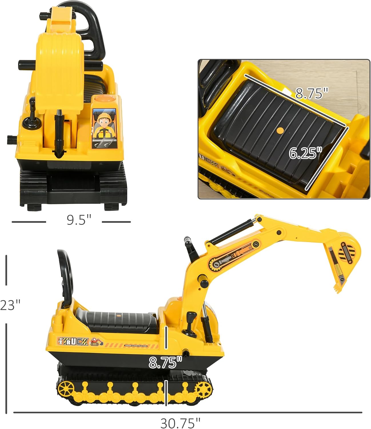 Qaba No Power Ride On Excavator for Boys Girls 18-48 Months Yellow Black