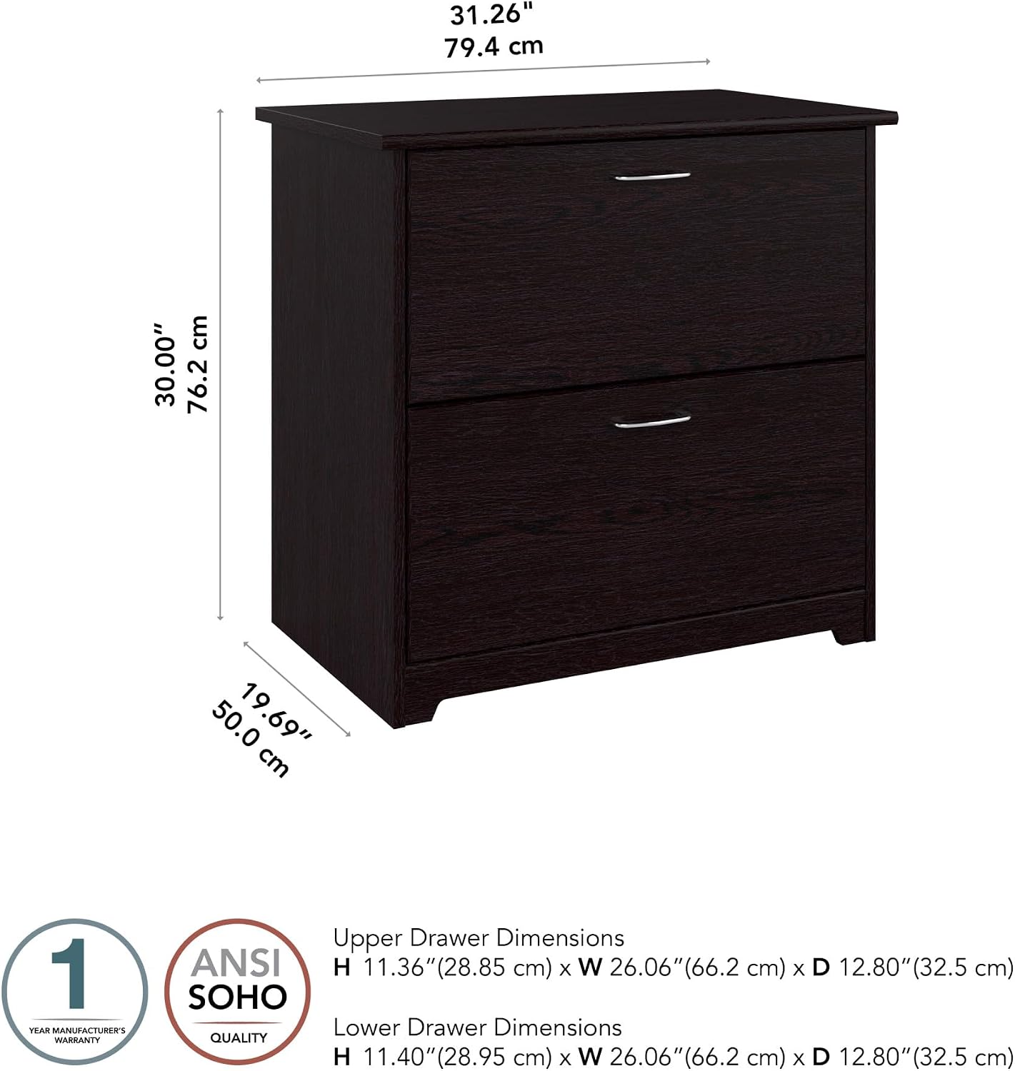 Bush Home Cabot 2 Drawer Lateral File Cabinet in Harvest Cherry, Home Office Chest for Letter, Legal, and A4-size Document Storage