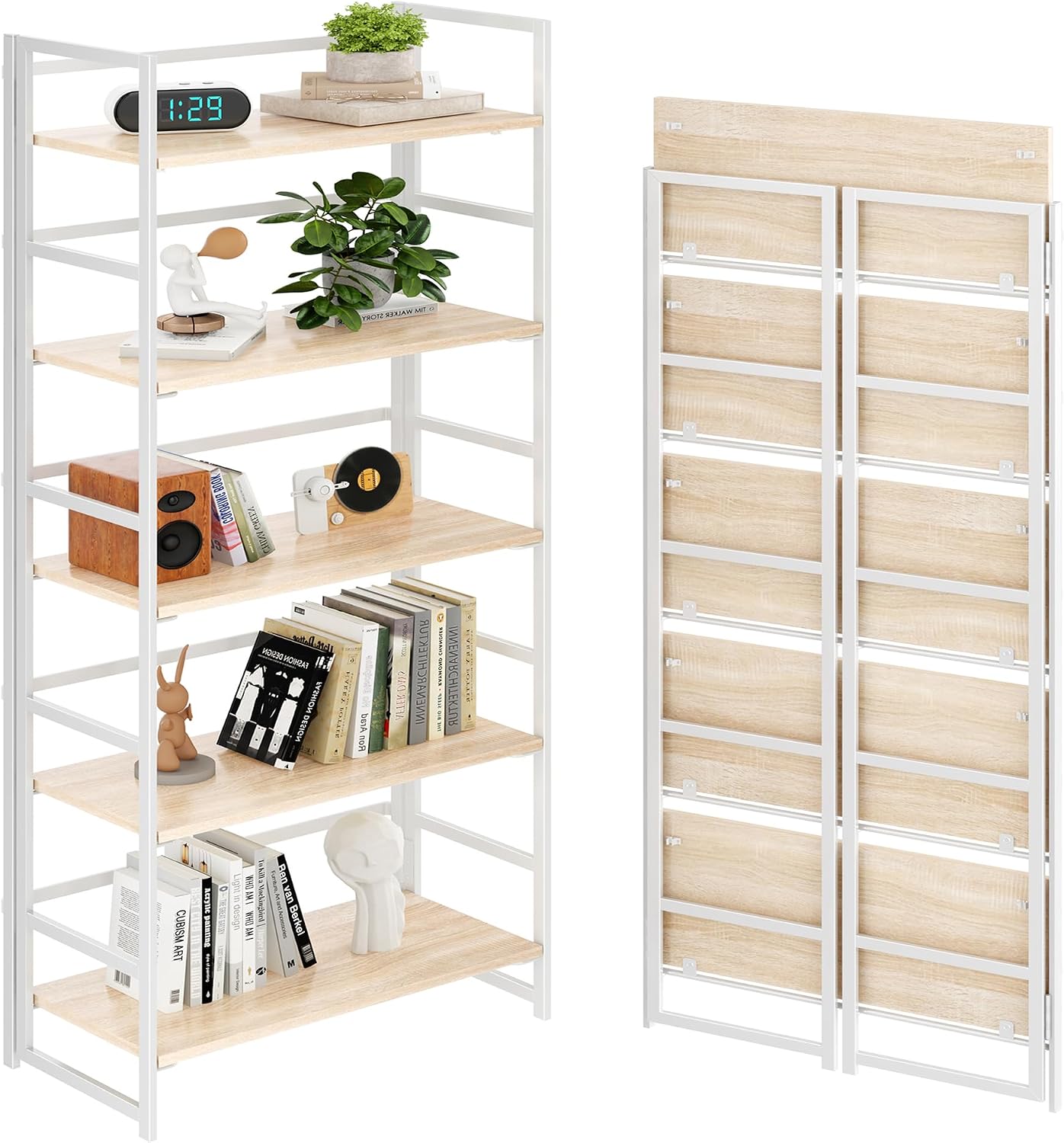 Vintage Multifunctional Folding Bookshelf, No-Assembly Plant Stand Storage Rack Shelves for Home Office (Fire, 5-Tier)