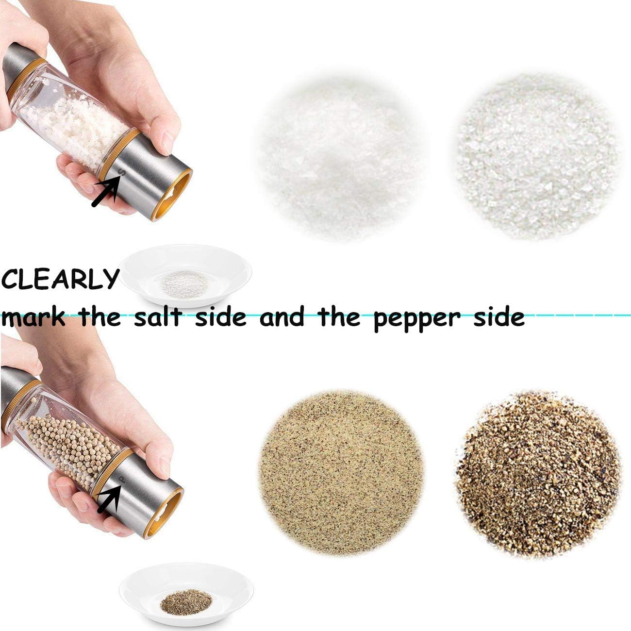 2 in 1 Salt and Pepper Grinder, Clear Acrylic Salt Grinders and Pepper Mill with Adjustable Coarseness Ceramic Rotor, Brown